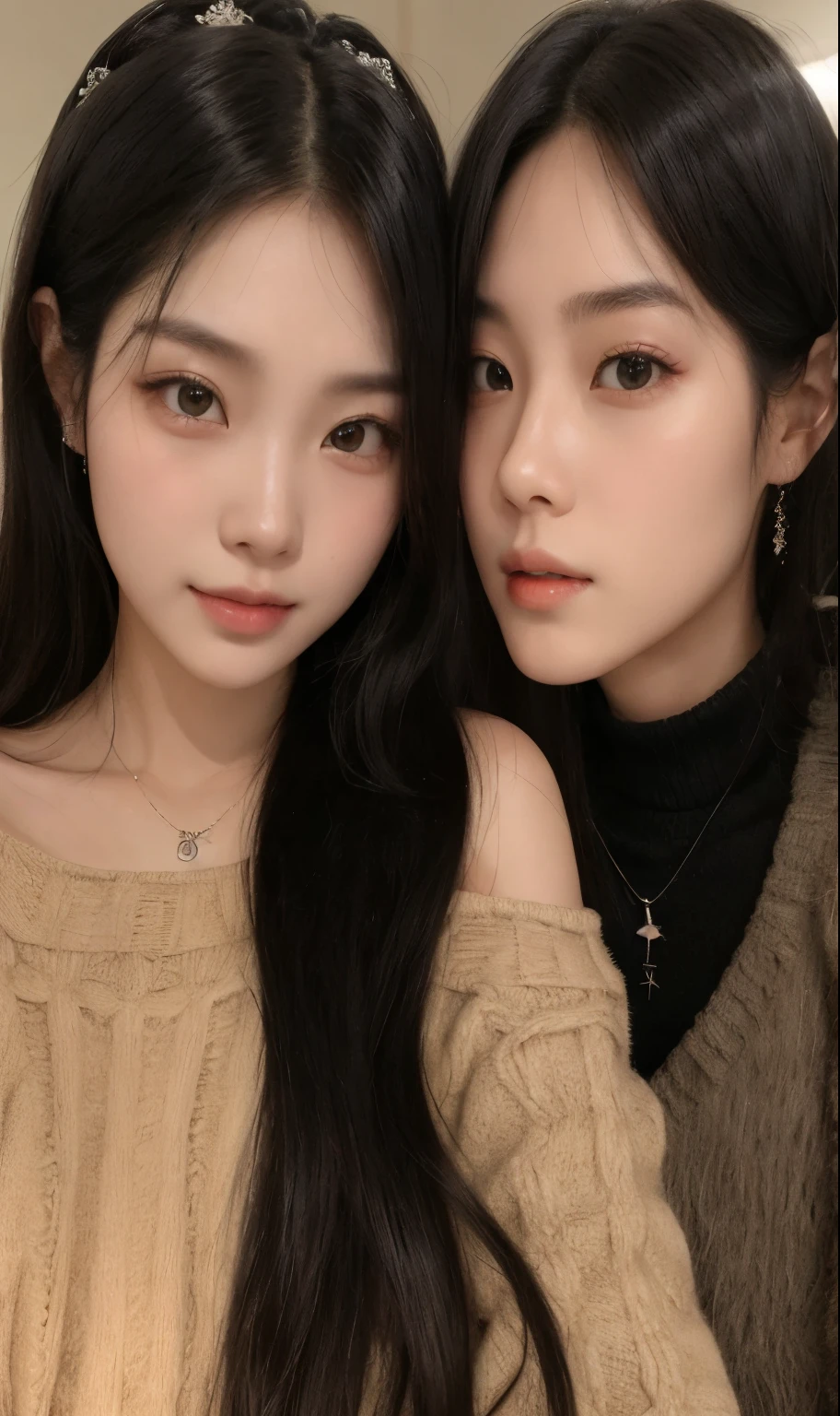 Two young women posing for a photo in a room., ulzzang, jinyoung shin, jaeyeon nam, rosa negro jennie, foto de perfil, con negro, Gongbi, xisionwu, rosa negro, kim taejin, con hiedra, hermosos gemelos geminis, jossi of rosa negro, yanjun chengt, nixeu y sakimichan, con un gemelo