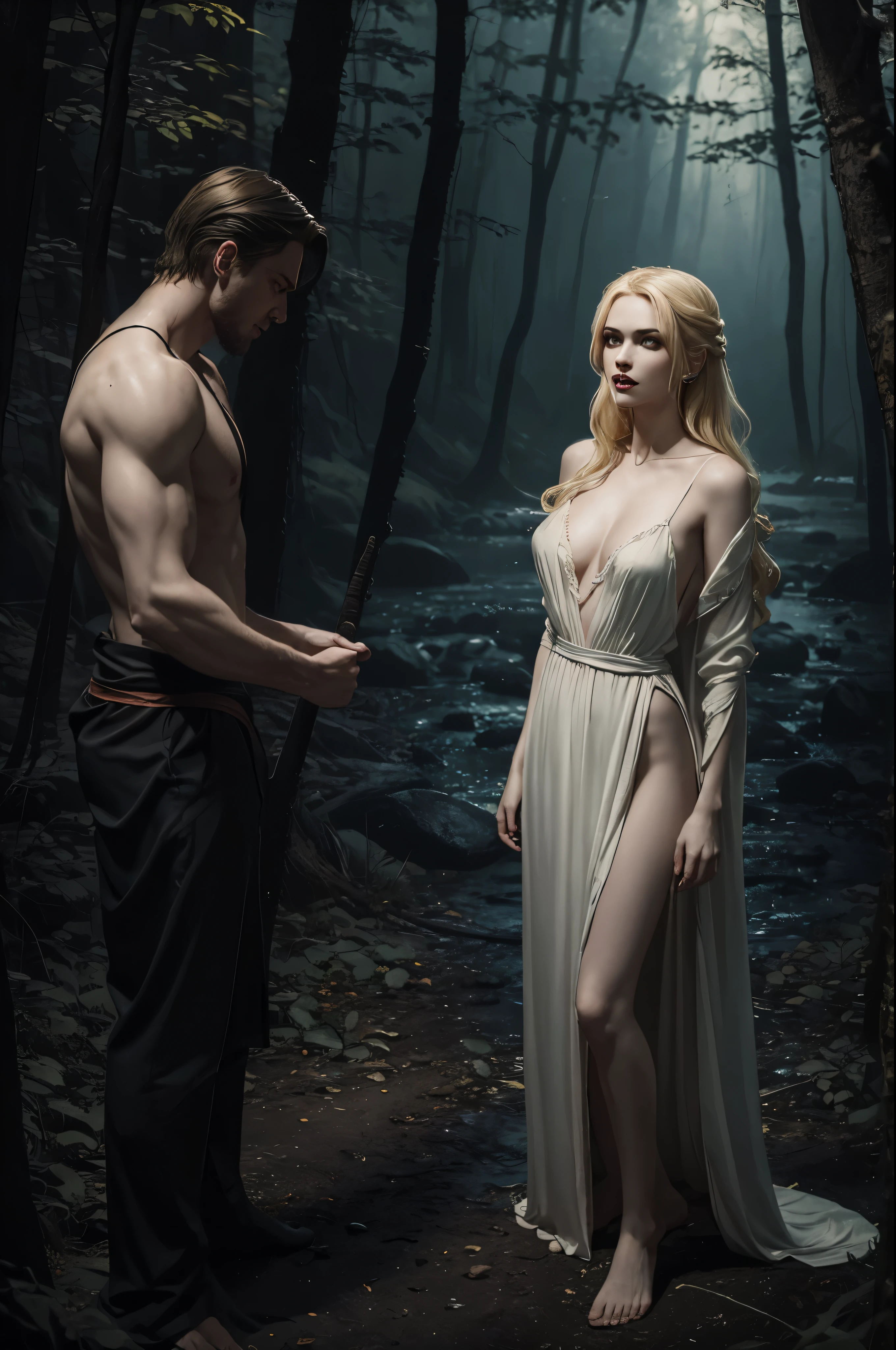 (Night in a deserted woods by a river). Vampire woman, (full body), blonde, pale skin, fangs bared, hungry, looking at viewer, sexy black nightgown, attacks a human male fisherman. in the style of a painted book illustration, dramatic lighting, (depth of field), ((masterpiece)), ((best quality)), ((highly detailed))