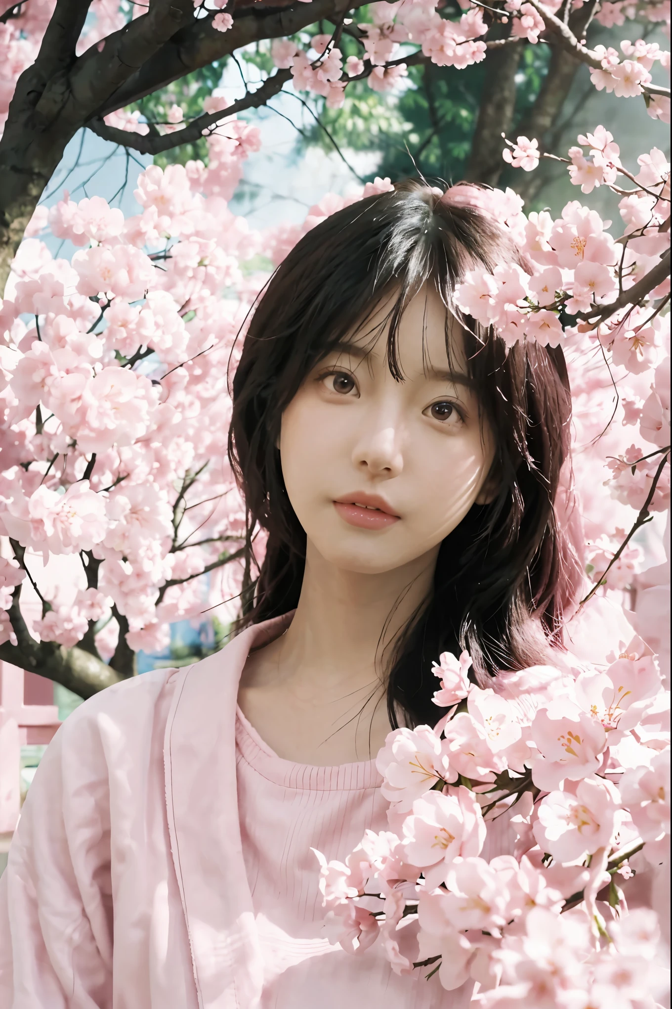 A girl in a cherry blossom garden, dreamy, fantasy, pink colors,illustrative style,ultra-detailed,portrait,beautiful detailed eyes,beautiful detailed lips,soft focus,soft lighting,blurred background,vivid colors,studio lighting,bokeh,highres,anime style