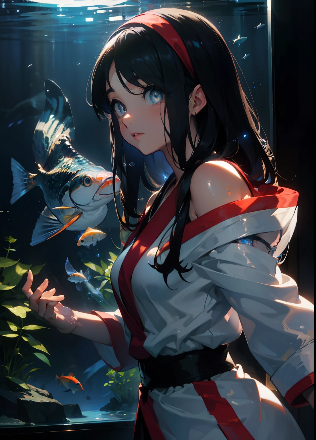 (masterpiece, highest quality, High resolution, unity 8k wallpaper, Very detailed CG:1), (figure:1.0), 1 girl,Nakoruru,Nakoruru samurai spirits, black hair,long hair,black eyes,bow, hair band, off shoulder sweater,naked neck,bare shoulders,bare clavicle,long skirt,Beautiful aquarium with fish swimming in a huge glass tank, A fantastic aquarium with sparkling lights,Dynamic and beautiful shadows, A breathtakingly beautiful sight,Beautiful looking at the fish in front of the aquarium,back view of girl,(masterpiece:1.2), highest quality, High resolution, unity 8k wallpaper, (shape:0.8), (beautiful and detailed eyes:1.6), highly detailed face, perfect lighting, Very detailed CG, (perfect hands, perfect anatomy),