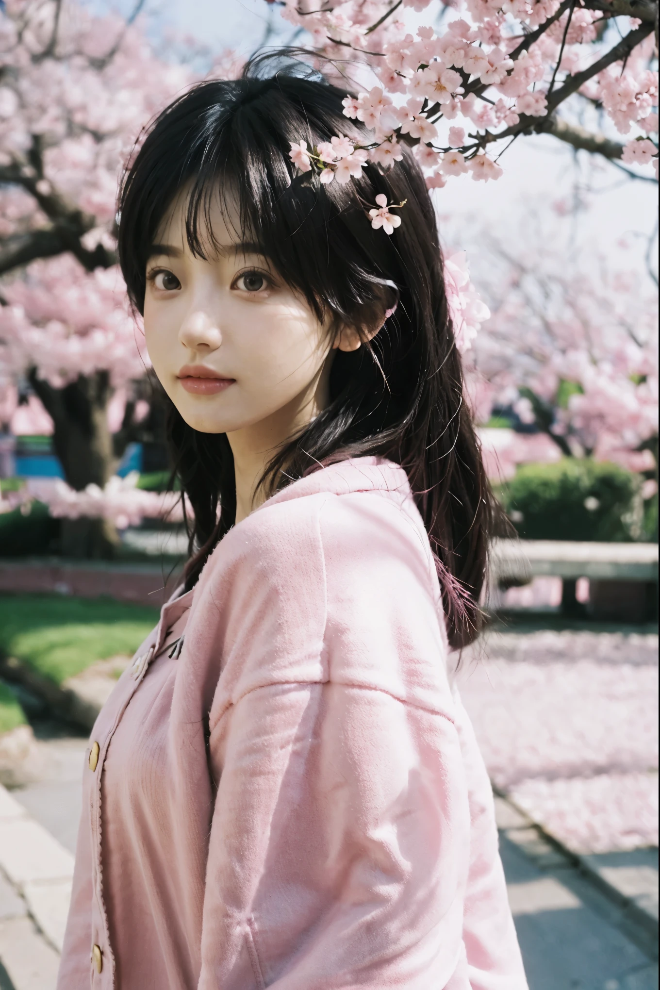A girl in a cherry blossom garden, dreamy, fantasy, pink colors,illustrative style,ultra-detailed,portrait,beautiful detailed eyes,beautiful detailed lips,soft focus,soft lighting,blurred background,vivid colors,studio lighting,bokeh,highres,anime style
