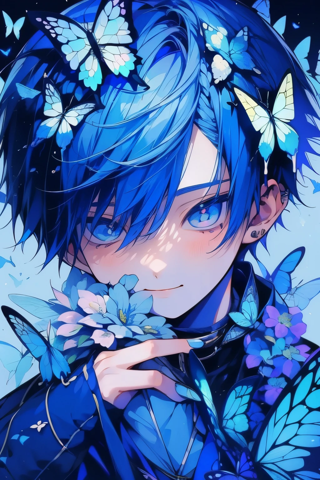 (muste piece), (highest quality), very detailed, (1 boy:1.4), concentrated，perfect face, beautiful face, very detailed顔，flower，butterfly々，flowerびら，Light，(smile:1.3)，(Blue-haired boy:1.4)