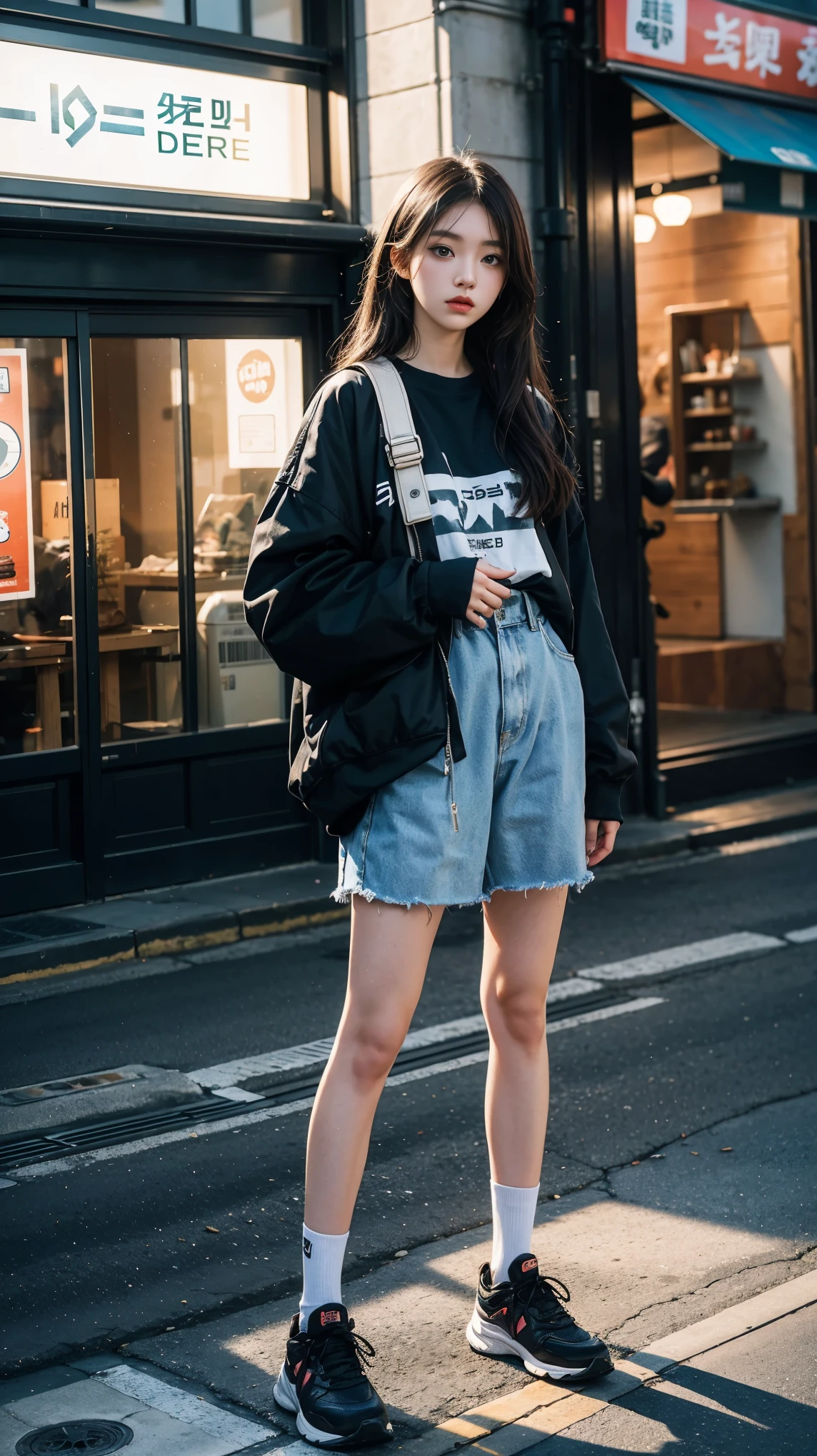 there is a woman that is standing on the sidewalk with her calm poses, shot on canon eos r5, shot on canon eos r 5, she is wearing streetwear, lofi portrait, taken with canon eos 5 d mark iv, mid shot portrait, portrait of a japanese teen, portrait of female korean idol, anime style mixed with fujifilm