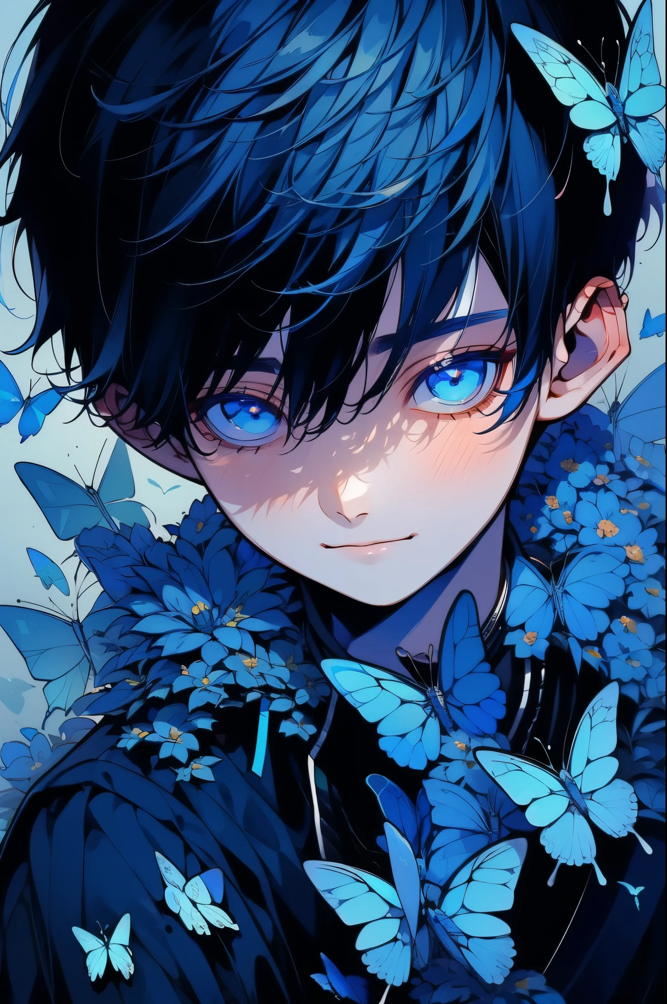 (muste piece), (highest quality), very detailed, (1 boy:1.4), concentrated，perfect face, beautiful face, very detailed顔，flower，butterfly々，flowerびら，Light，(smile:1.3)，(dark blue haired boy:1.4)