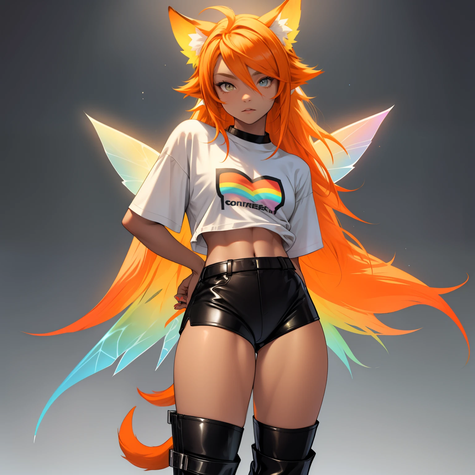 Curvy, skinny boy with feminine features, wide hips, thick thighs, twink, flowing orange gradient hair with puppy ears and a puppy tail, wearing loose t-shirt, wearing tight leather shorts, wearing knee high boots, wearing rainbow fairy wings, solo, alone, (SOLO)ALONE)