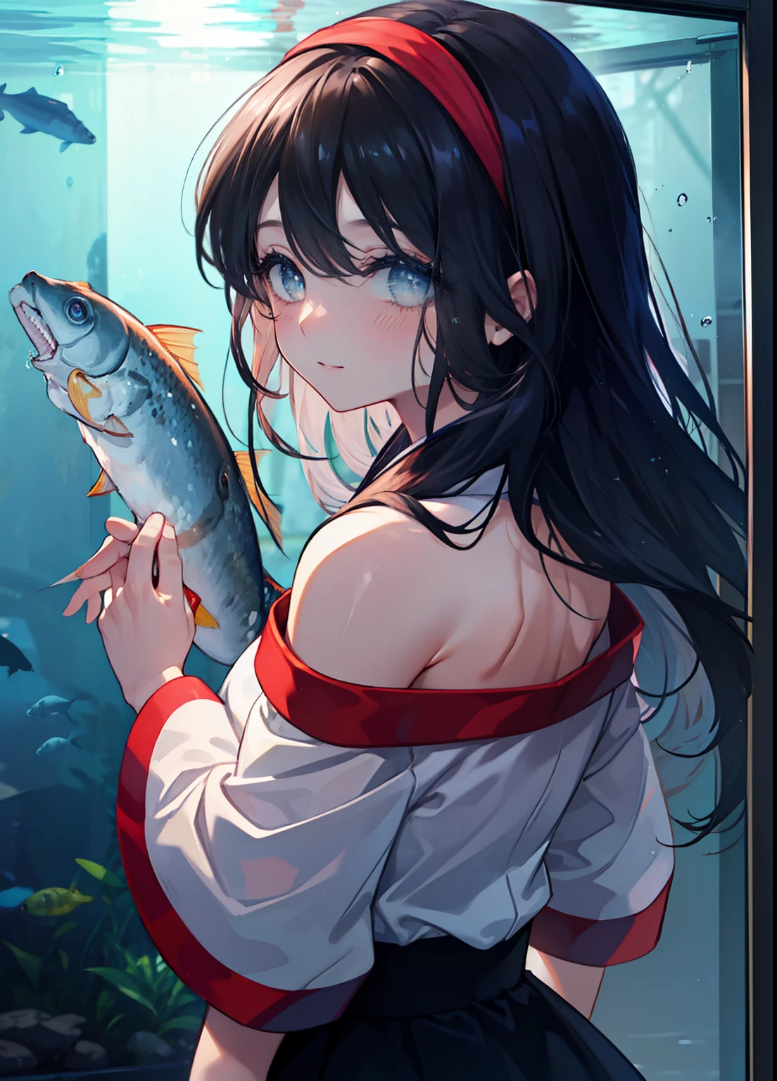 (masterpiece, highest quality, High resolution, unity 8k wallpaper, Very detailed CG:1), (figure:1.0), 1 girl,Nakoruru,Nakoruru samurai spirits, black hair,long hair,black eyes,bow, hair band, smile,blush,off shoulder sweater,naked neck,bare shoulders,bare clavicle,long skirt,Beautiful aquarium with fish swimming in a huge glass tank, A fantastic aquarium with sparkling lights,Dynamic and beautiful shadows, A breathtakingly beautiful sight,Beautiful looking at the fish in front of the aquarium,back view of girl,(masterpiece:1.2), highest quality, High resolution, unity 8k wallpaper, (shape:0.8), (beautiful and detailed eyes:1.6), highly detailed face, perfect lighting, Very detailed CG, (perfect hands, perfect ???????),