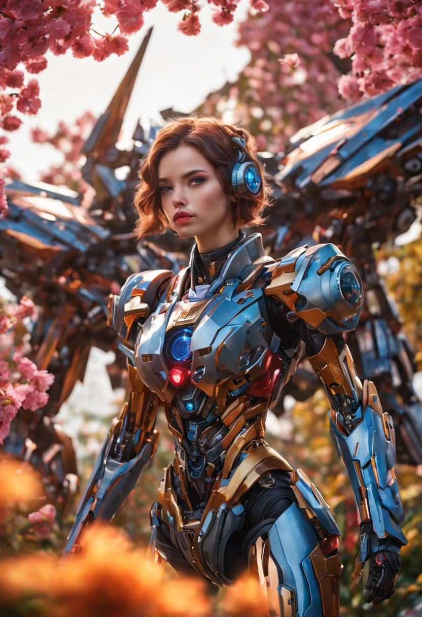 best quality,4k,8k,highres,masterpiece:1.2,ultra-detailed,realistic:1.37,A girl in a garden,beautiful detailed eyes,beautiful detailed lips,extremely detailed eyes and face,longeyelashes,(cybertron,sci-fi) background,heroic pose,cybernetic enhancements,mechanical wings,exquisite cherry blossom petals,blazing firebell pattern,moving gears and cogs,ethereal glow,warm sunset colors,anime-style,sharp focus,physically-based rendering,professional,vivid colors,bokeh