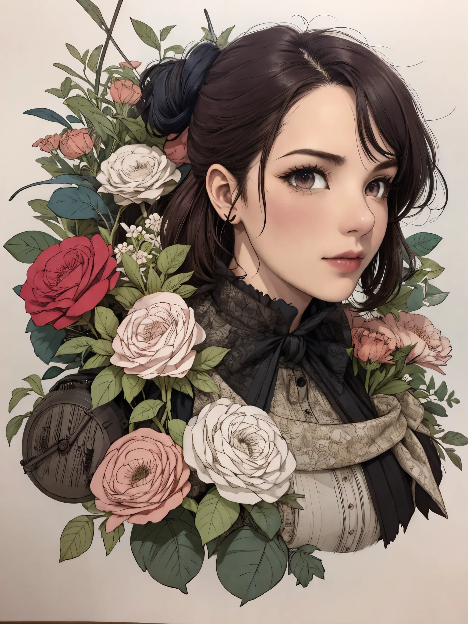 Charlie Bowater sketches realistic lithograph female portraits。, flowers, [gear], pipe, diesel punk, Multicolored ribbons, old paper texture, very detailed