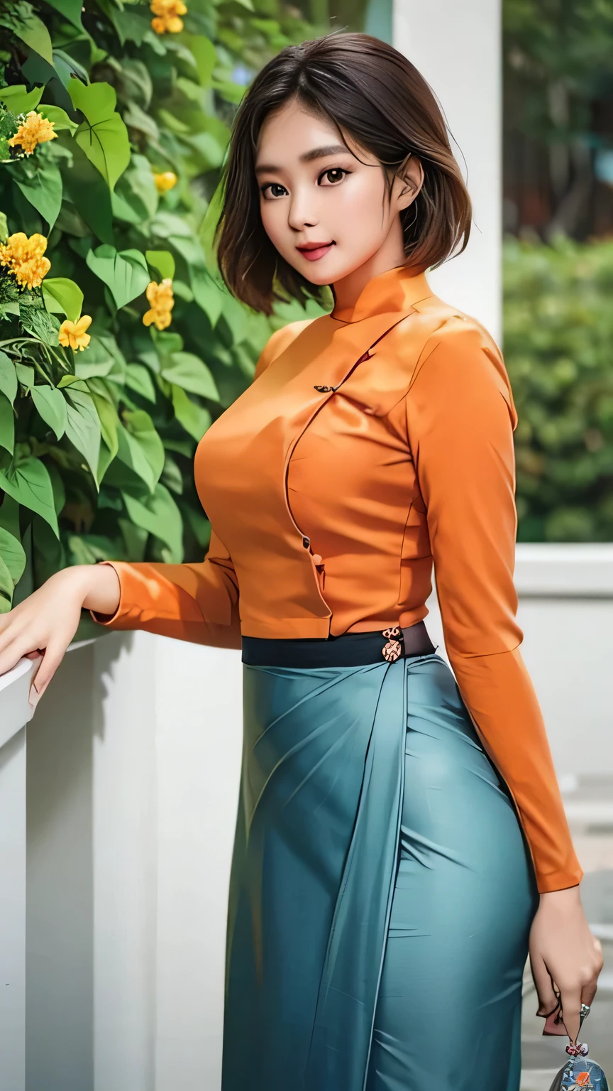 top quality, masterpiece, ultra high resolution, photorealistic, 1 girl, soft lighting, detailed, skin, bangs, short bob black hair, clear eyes, lip gloss, Burmese girl. full HD, (acmm ls outfit, wearing acmm top, orange acmm top, long sleeves, wearing acmm long skirt, dark blue acmm long skirt, printed skirt), green plant and flowers background.