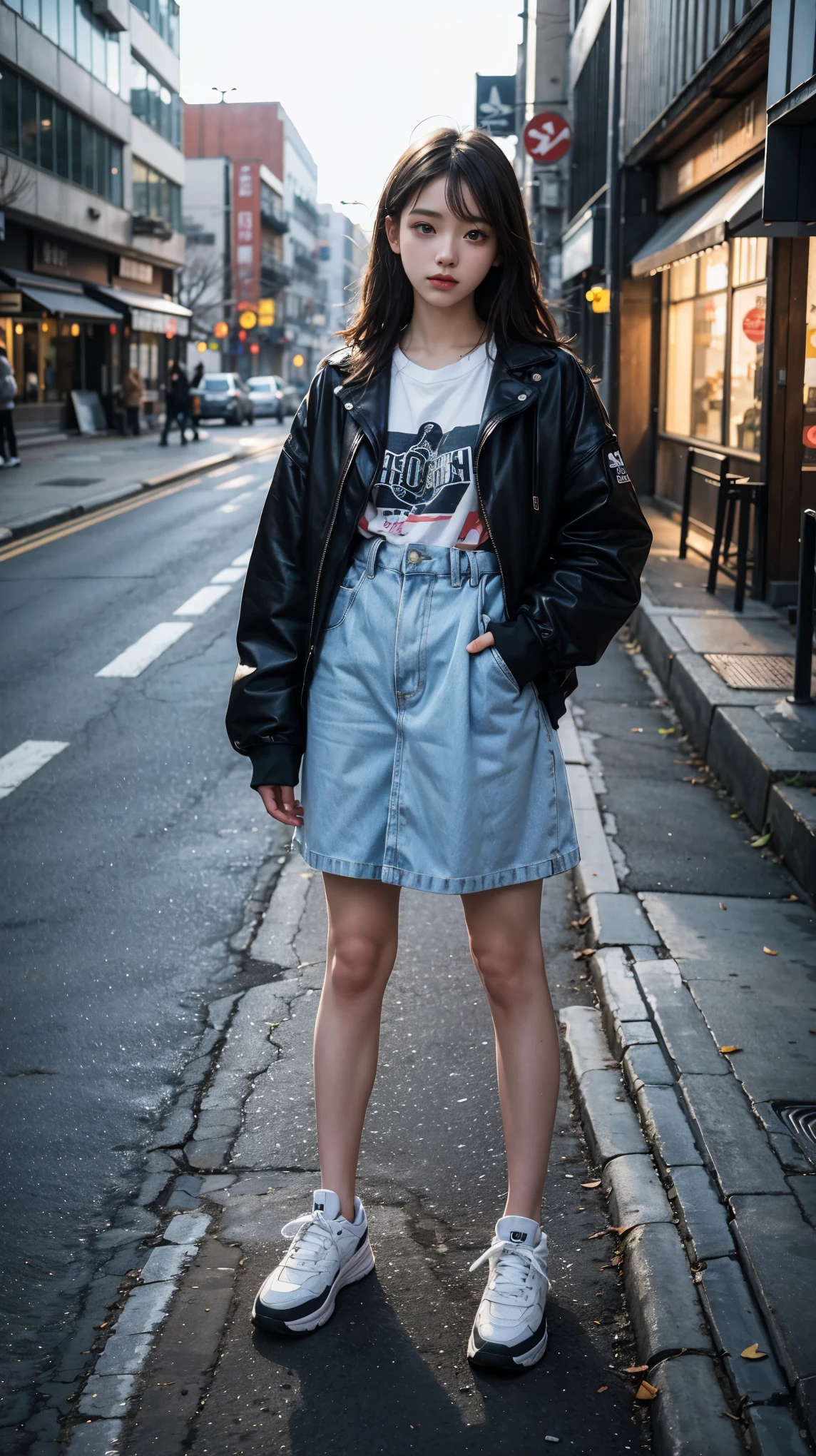 there is a woman that is standing on the sidewalk with her calm poses, shot on canon eos r5, shot on canon eos r 5, she is wearing streetwear, lofi portrait, taken with canon eos 5 d mark iv, mid shot portrait, portrait of a japanese teen, portrait of female korean idol, anime style mixed with fujifilm