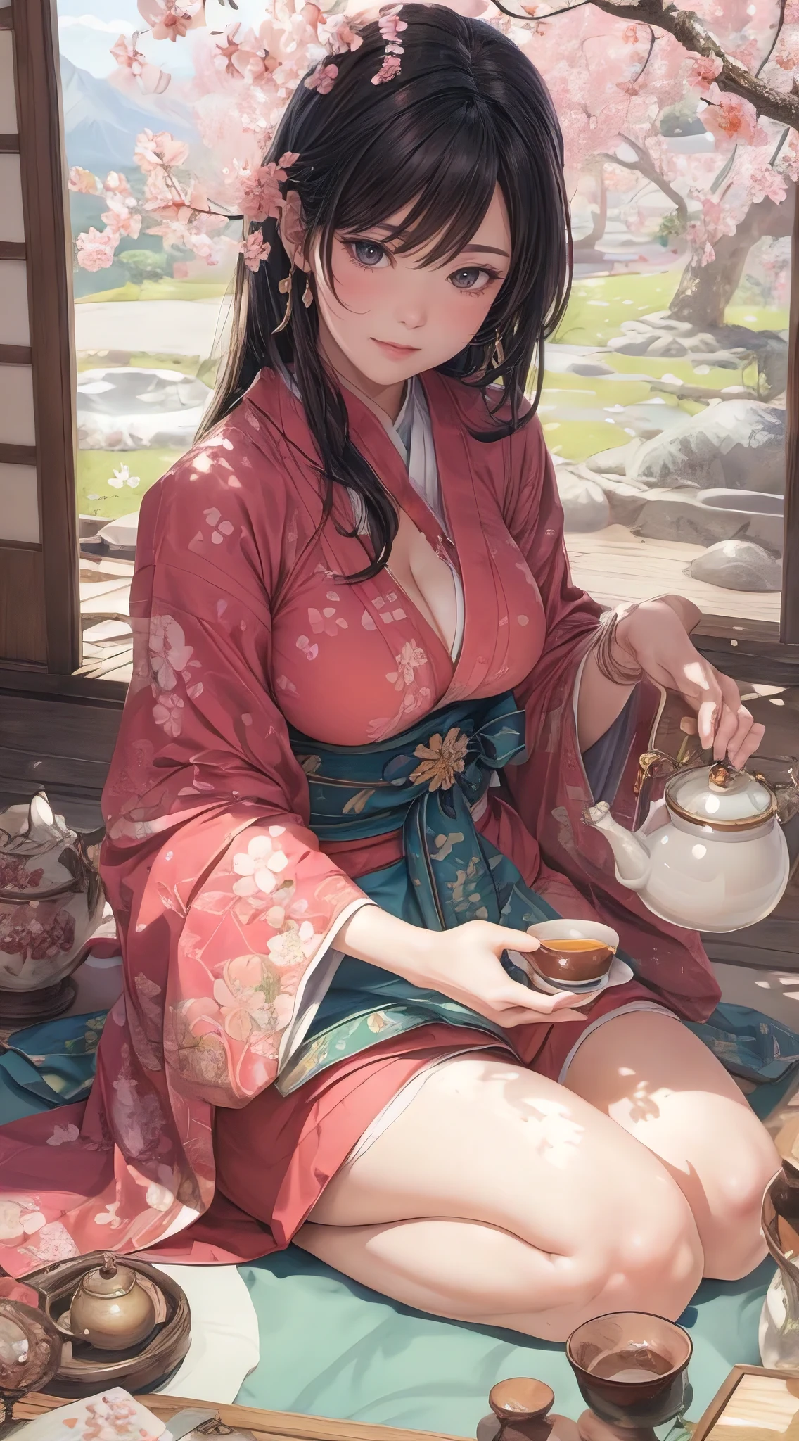 (masterpiece, best quality, photorealistic, ultra-detailed), the sakura maiden, traditional, perfect body, huge breasts, cleavage, wide hips, pouring tea at the zen garden, sitting pose, big gorgeous eyes, luscious full lips, smile, mountain range, sky