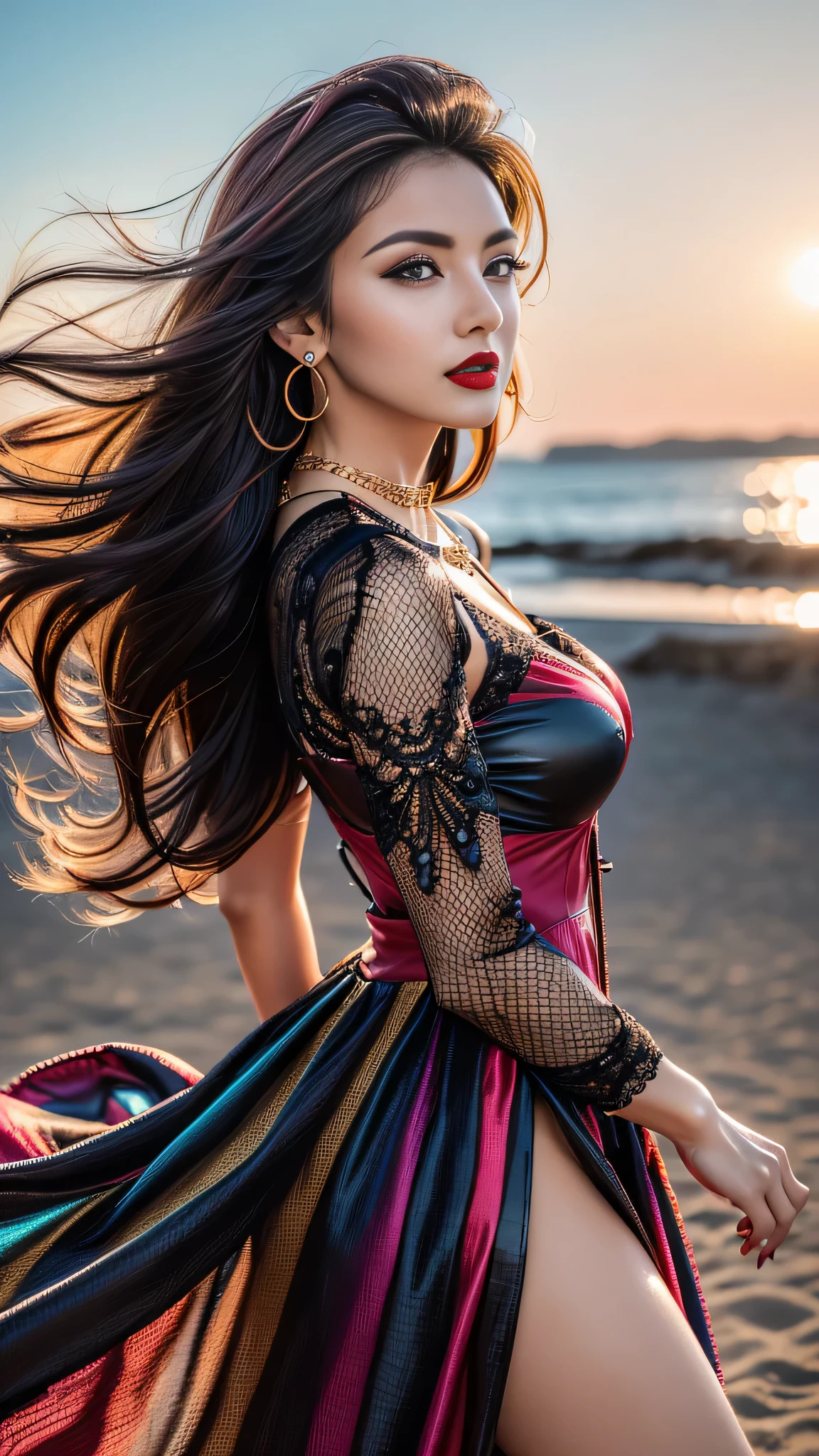 dress a beautiful girl with a perfect figure in something nice, made of available materials ((silk), canvas, nylon, ((fishnet)), ((latex, leather)), [lacy], (lace-up), (((jewelry:1.4))), (chain), bracelets, steel, pendants, ((earrings)), (sunglasses, handbag, phone, everyday items))), ((I encourage you to choose the right background for your phenomenally drawn creation)), (((Random hair color, hairstyle:1.22))), ((experiment, combine complex, multi-layered materialperiment with Armor and delicate materialperiment with the entire palette of colors and shadows)), ((anatomically correct:1.4)), ((perfect proportions:1.4)), (Increase quality:1.4), (best quality real texture skin:1.4), ( (photorealistic:1.55), (raw, 8K:1.2), (hyper realistic), (最high quality, 8K, 16K, table top, Ultra HD), (masterpiece:1.3) ), ((ultra sharp fous)), (((backlighting:1.25))), (super beautiful face:1.6)、(super detailed face:1.5)、(detailed eyes:1.2)、(detailed lips:1.32)、(Detailed nose:1.25)、Attention to detail, Double eyelids, full bodyesbian, and if you want, you are standing, kneeling, Sitting astride a chair, ((random facial expression)), (medium Contrast), (muted colors), long leg, medium ass, ((layer cut: 1.25)), ((Brightly colored clothing)), ((Lively,Active,vivaciousness)), (Erotic:1.6), (((fullcolored long dress:1.43))), (Look sideways, look up, look down), ((ultra sharp focus)), ((black_eyeshadows:1.4))、 (very dark dark red_lipstick:1.42)、(perfect round eyes)、 (brown_eyes:1.33)、 black_makeup:1.35、((very intricate design of epic long lace-up dress:1.32)), ( (beach night), (the stars are shining), (night), ((wind in your hair)) ), (firm normal full breasts:1.3), (looking at viewer), ((wide shot, sideways)), ((dynamic pose:1.25))