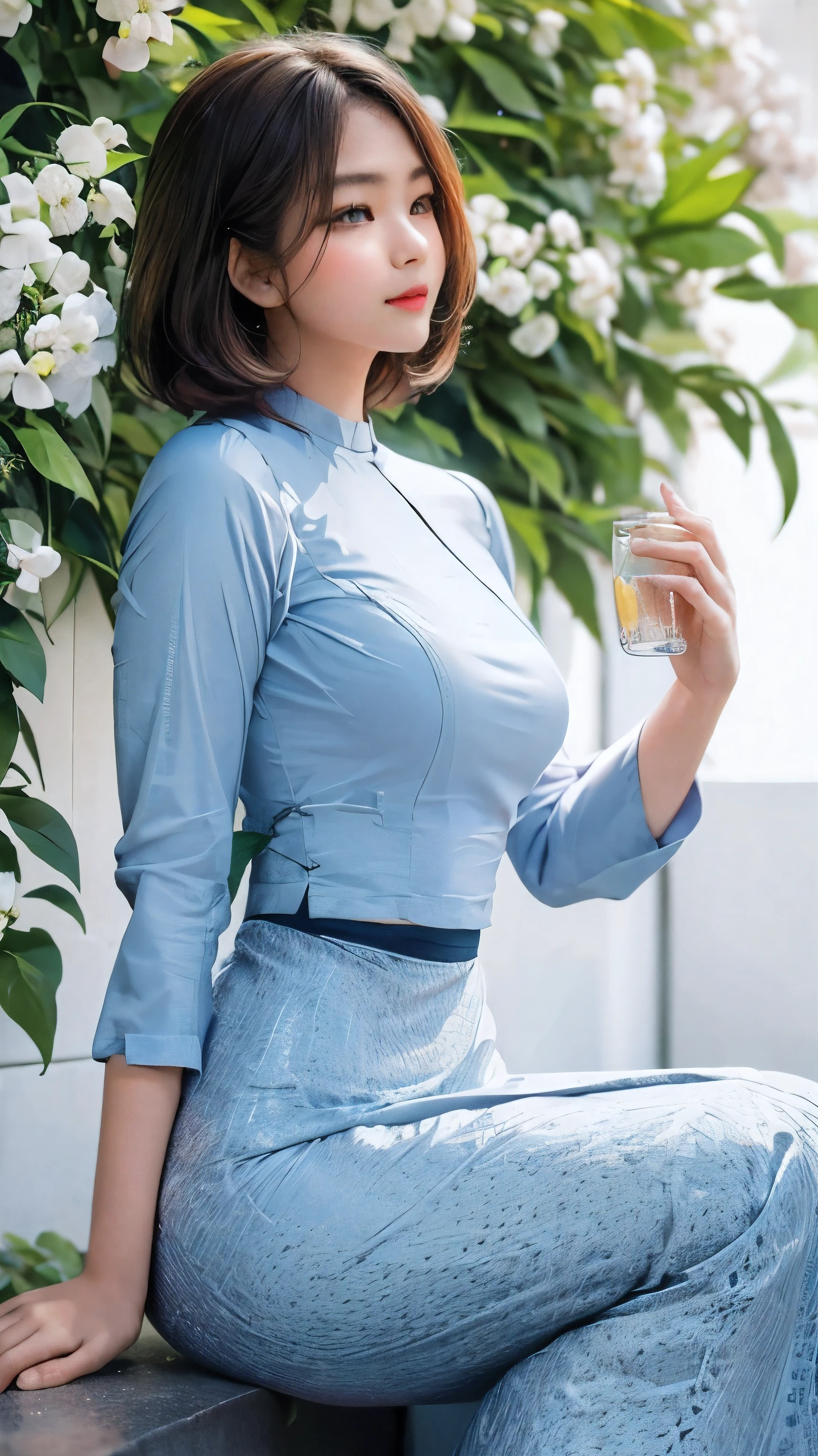 top quality, masterpiece, ultra high resolution, photorealistic, 1 girl, soft lighting, detailed, skin, bangs, short bob black hair, clear eyes, lip gloss, Burmese girl. full HD, (acmm ls outfit, wearing acmm top, orange acmm top, long sleeves, wearing acmm long skirt, dark blue acmm long skirt, printed skirt), green plant and flowers background.
