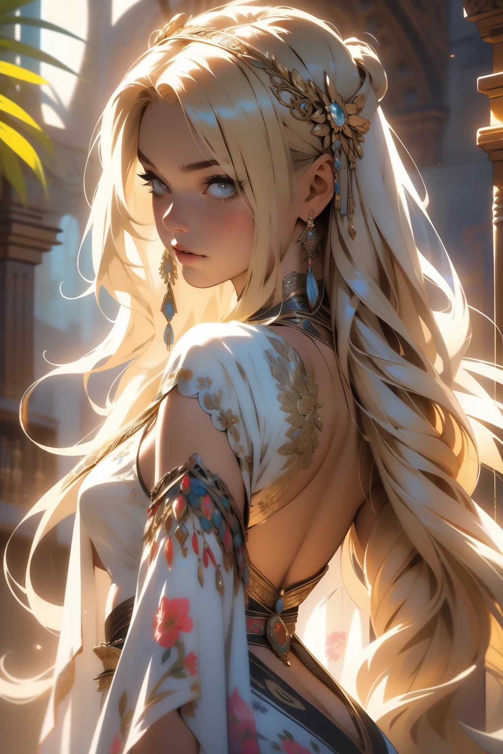A woman with long blonde hair and a white dress is standing in front of ...