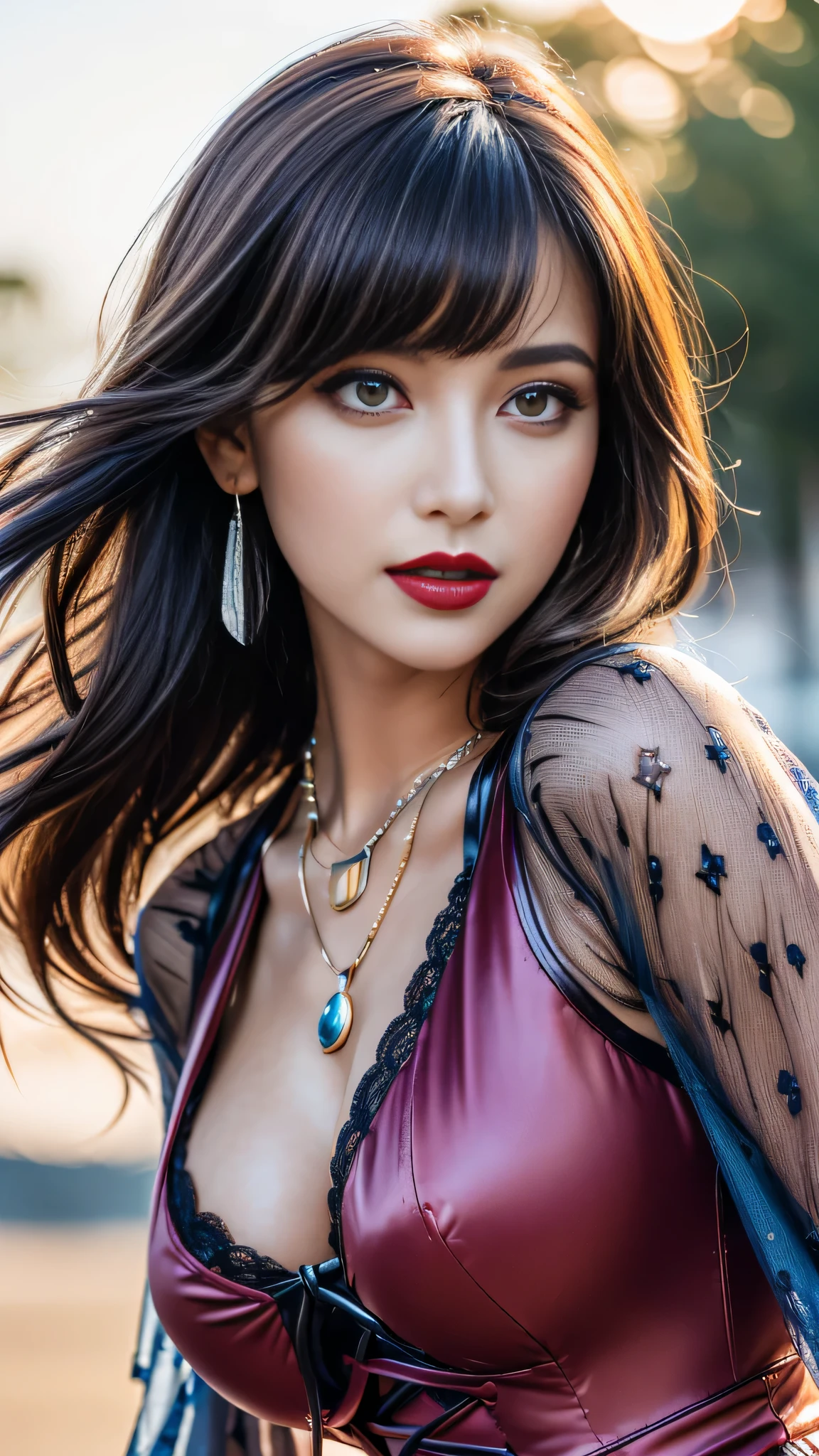 dress a beautiful girl with a perfect figure in something nice, made of available materials ((silk), canvas, nylon, ((fishnet)), ((latex, leather)), [lacy], (lace-up), (((jewelry:1.4))), (chain), bracelets, steel, pendants, ((earrings)), (sunglasses, handbag, phone, everyday items))), ((I encourage you to choose the right background for your phenomenally drawn creation)), (((Random hair color, hairstyle:1.22))), ((experiment, combine complex, multi-layered materialperiment with Armor and delicate materialperiment with the entire palette of colors and shadows)), ((anatomically correct:1.4)), ((perfect proportions:1.4)), (Increase quality:1.4), (best quality real texture skin:1.4), ( (photorealistic:1.55), (raw, 8K:1.2), (hyper realistic), (最high quality, 8K, 16K, table top, Ultra HD), (masterpiece:1.3) ), ((ultra sharp fous)), (((backlighting:1.25))), (super beautiful face:1.6)、(super detailed face:1.5)、(detailed eyes:1.2)、(detailed lips:1.32)、(Detailed nose:1.25)、Attention to detail, Double eyelids, full bodyesbian, and if you want, you are standing, kneeling, Sitting astride a chair, ((random facial expression)), (medium Contrast), (muted colors), long leg, medium ass, ((layer cut: 1.25)), ((Brightly colored clothing)), ((Lively,Active,vivaciousness)), (Erotic:1.6), (((fullcolored long dress:1.43))), (Look sideways, look up, look down), ((ultra sharp focus)), ((black_eyeshadows:1.4))、 (very dark dark red_lipstick:1.42)、(perfect round eyes)、 (brown_eyes:1.33)、 black_makeup:1.35、((very intricate design of epic long lace-up dress:1.32)), ( (beach night), (the stars are shining), (night), ((wind in your hair)) ), (firm normal full breasts:1.3), (looking at viewer), ((wide shot, sideways)), ((dynamic pose:1.25))