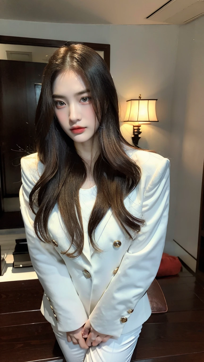 masterpiece, best quality, (alone focus), (perfect face:1.1), (high detail:1.1), (very detailed eyes), dramatic, 1 person, (pale skin), brown hair, heavenly eyes, (bright eyebrows), alone, long hair, Under-eye moles,Jordan Barrett, Moonlight,Dinner time, white luxury suit, covered nave, swollen lips, hair, proud expression, Beach, detailed background, art by artgerm, cinematic lighting, rose, fashion, Balenciaga style, gucci handbag