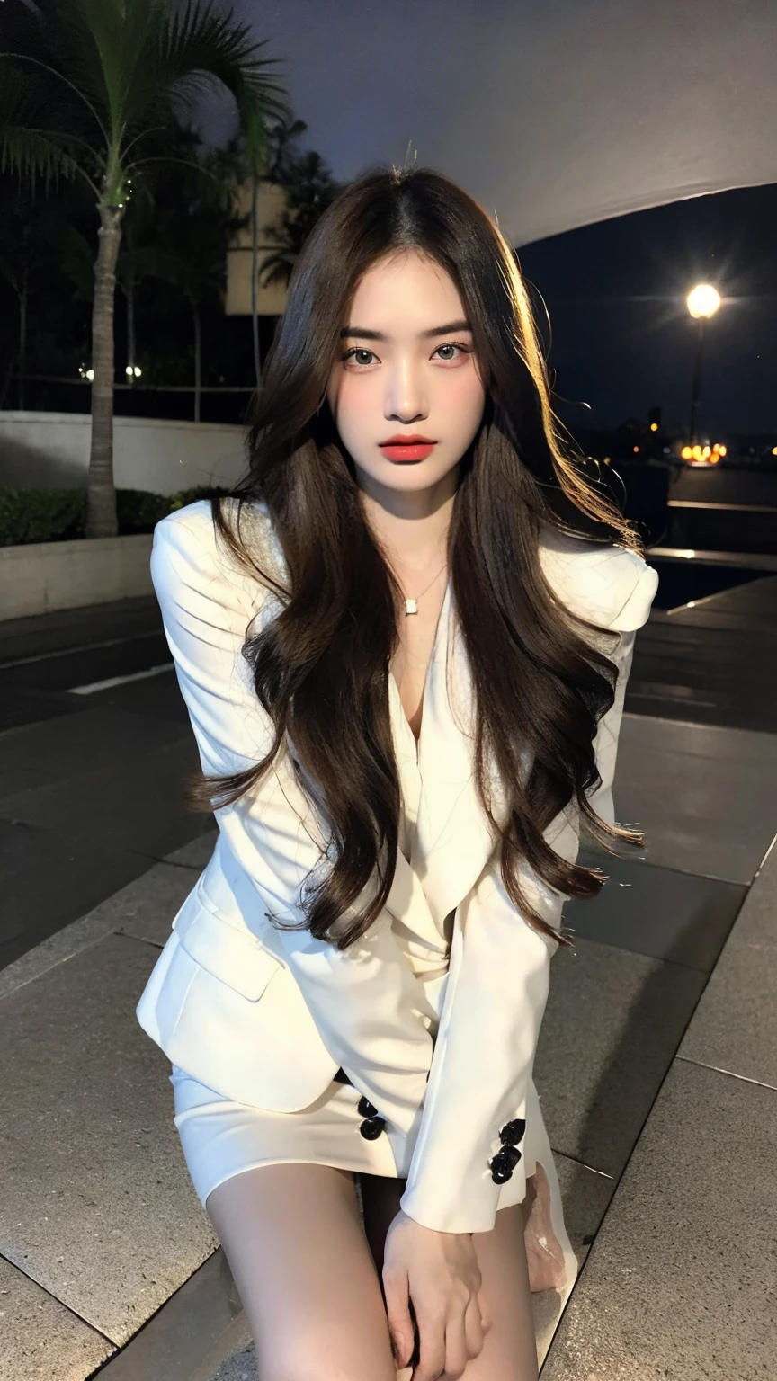 masterpiece, best quality, (alone focus), (perfect face:1.1), (high detail:1.1), (very detailed eyes), dramatic, 1 person, (pale skin), brown hair, heavenly eyes, (bright eyebrows), alone, long hair, Jordan Barrett, Moonlight,Dinner time, white luxury suit, covered nave, swollen lips, hair, proud expression, Beach, detailed background, art by artgerm, cinematic lighting, rose, fashion, Balenciaga style