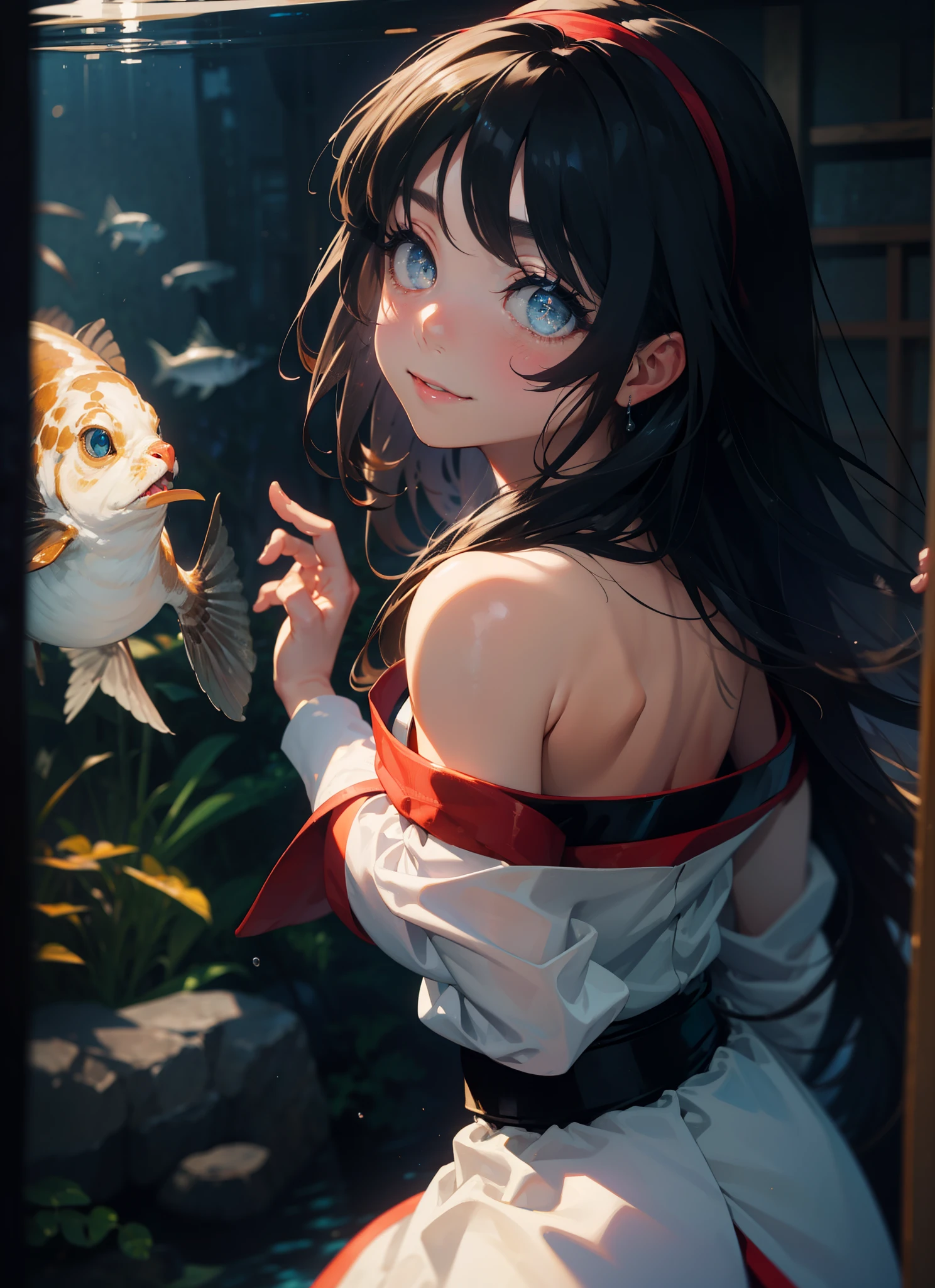 (masterpiece, highest quality, High resolution, unity 8k wallpaper, Very detailed CG:1), (figure:1.0), 1 girl,Nakoruru,Nakoruru samurai spirits, black hair,long hair,black eyes,ribbon, hair band, smile,blush,off shoulder sweater,naked neck,bare shoulders,bare clavicle,long skirt,Beautiful aquarium with fish swimming in a huge glass tank, A fantastic aquarium with sparkling lights,Dynamic and beautiful shadows, A breathtakingly beautiful sight,Beautiful looking at the fish in front of the aquarium,back view of girl,(masterpiece:1.2), highest quality, High resolution, unity 8k wallpaper, (shape:0.8), (beautiful and detailed eyes:1.6), highly detailed face, perfect lighting, Very detailed CG, (perfect hands, perfect anatomy),