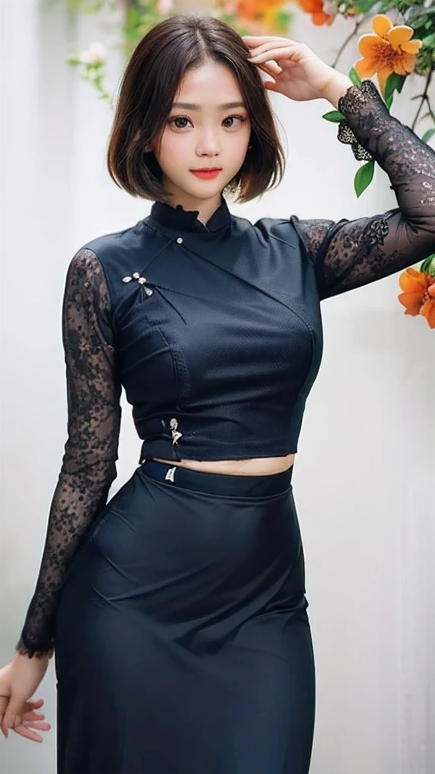top quality, masterpiece, ultra high resolution, photorealistic, 1 girl, soft lighting, detailed, skin, bangs, short bob black hair, clear eyes, lip gloss, Burmese girl. full HD, (acmm ls outfit, wearing acmm top, orange acmm top, long sleeves, wearing acmm long skirt, dark blue acmm long skirt, printed skirt), green plant and flowers background.