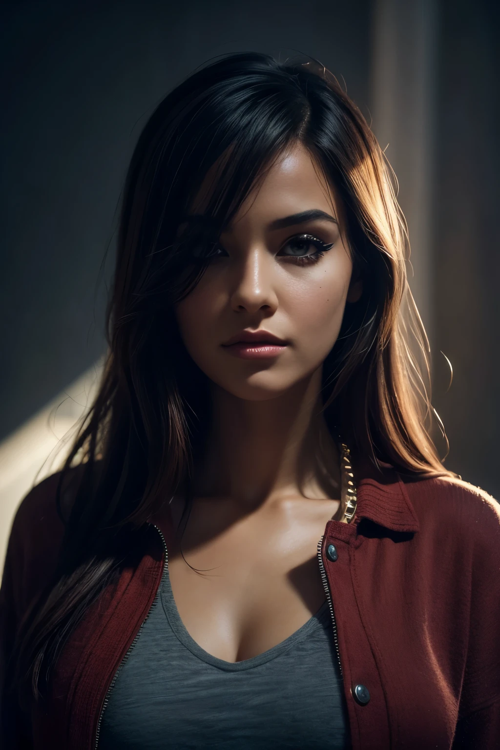 Woman, casual clothing, eyeliner, 2d background, Surrealism, cinematic lighting, pov, god rays, UHD, ccurate, masterpiece, textured skin, super detail, high quality