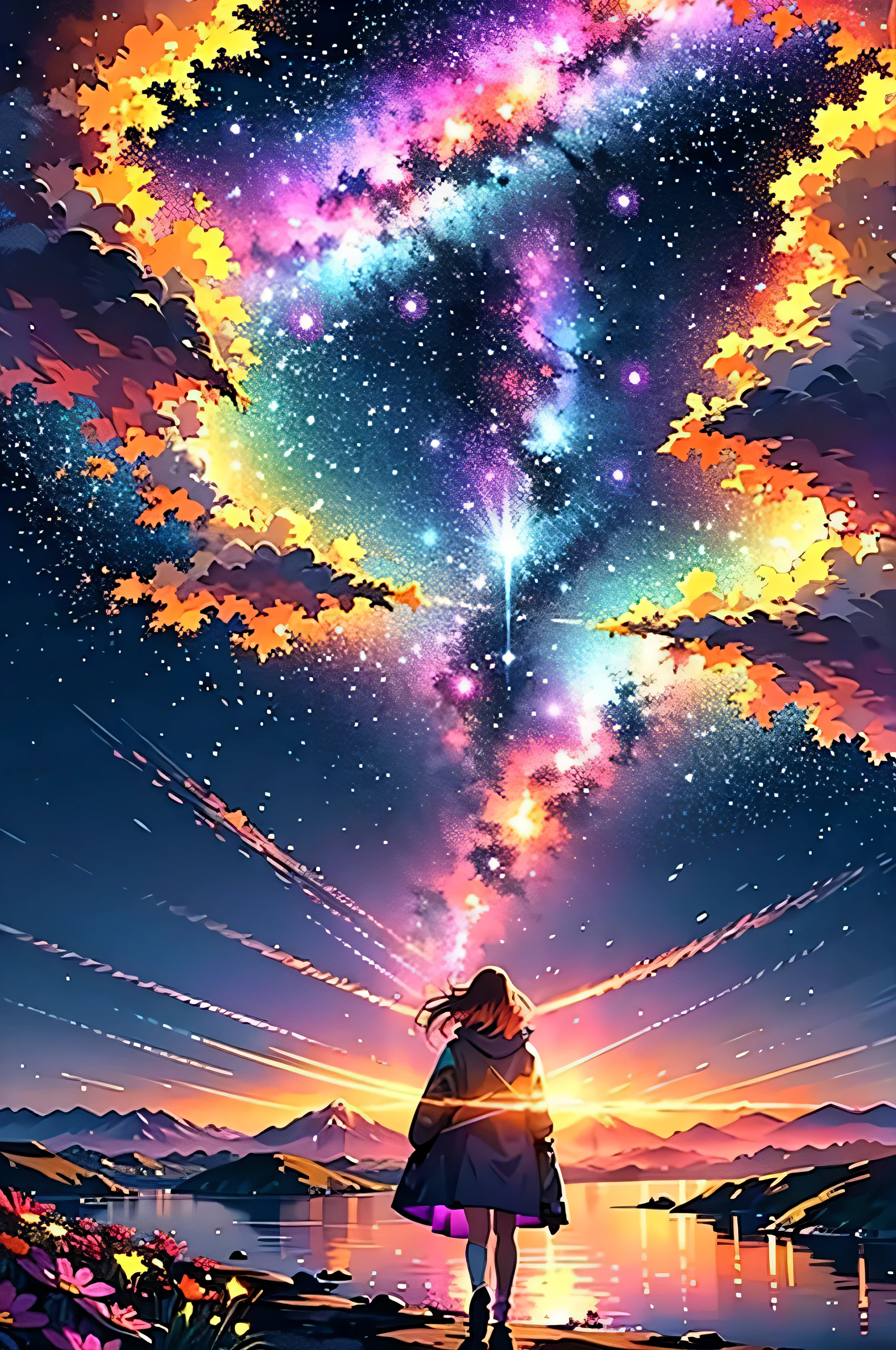 vast landscape photography, (a bottom view showing the sky above and open country below), A girl stands among the flowers and looks up, (full moon: 1.2), (meteor: 0.9), (nebula : 1.3), distant mountains, BREAK Tree Making Art, (Warm light source: 1.2), (firefly: 1.2), lamp, lots of purple and orange, intricate details, Volumetric lighting, break realism (masterpiece: 1.2) , (best quality), 4k, super detailed, (dynamic synthesis: 1.4), Very detailed, Colorful details, (rainbow colors: 1.2), (bright lights, mood lighting), Dreamy, magic, (alone: 1.2)