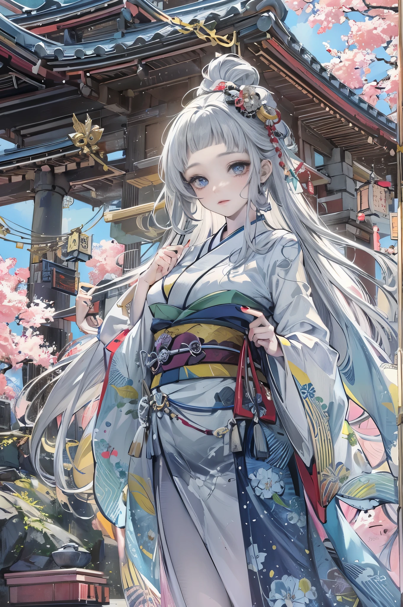 monthly doujin, Tsukiyomi Zun, incarnation of the moon, Japan's supreme god, Ancient Japanese Gods and the Deification of the Moon. japanese ancestors, Japan Shinto Kyojin, elder sister of Amaterasu, The background is Tsukiyo Shrine in Japan, (( and lovely breasts)), elder sister, Extremely expression, majesty, daunting, (Bloodthirsty), blue eyes, Japanese makeup, Kneeling on the ground, Create a cold atmosphere, Moonlight covers the earth, White skin, long silver hair, moon standard on forehead, elder sister, (blue and white sky feathers, wide sleeves), clogs, white socks, perfect legs, Simple belt, ( Large collection of luxury silver jewelry), (Perfect meat full of texture), cold rendering effect, jaw-dropping, Mesmerizing visual enjoyment, ((best quality), ((masterpiece)), maximum clarity, 8k wallpaper, official art, multi-layer texture , super detailed, illustration, (super detailed face), (perfect face), clear texture, fine texture, Ultra high definition detail display, Excellent graphics performance, high-quality illustration, Perfectly matched shades, Deep lines, precise strokes, Strong three-dimensional sense,Exquisite to wear, Wonderful color combination, and intricate details