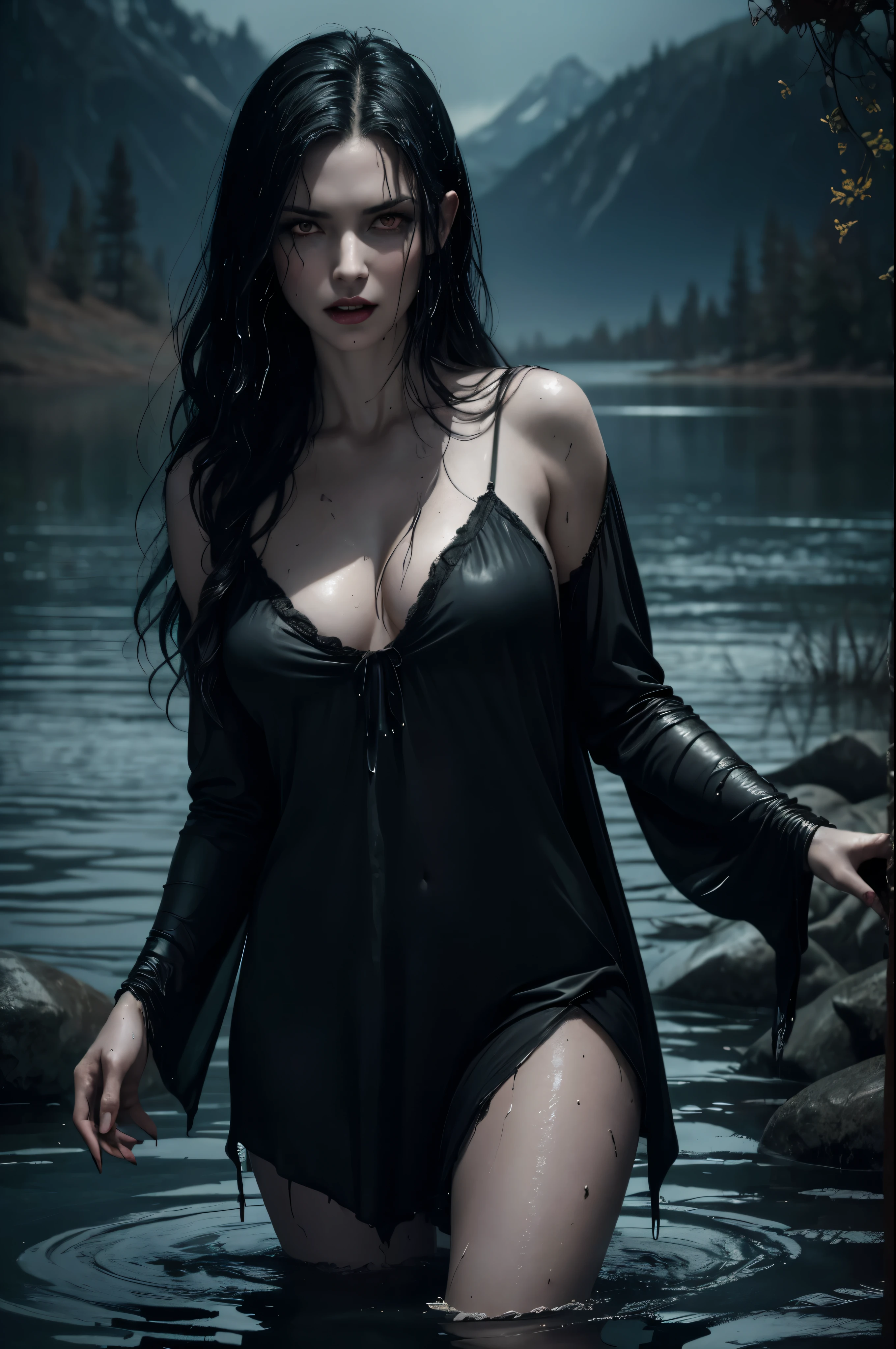 ((Night)) ((a deserted lake)) Vampire woman, (cowboy shot), black hair, pale skin, fangs bared, hungry, menacing, sexy wet nightgown, looking at viewer, rises out of the water, soaking wet. style of a painted book illustration, dramatic lighting, (depth of field), ((masterpiece)), ((best quality)), ((highly detailed))
