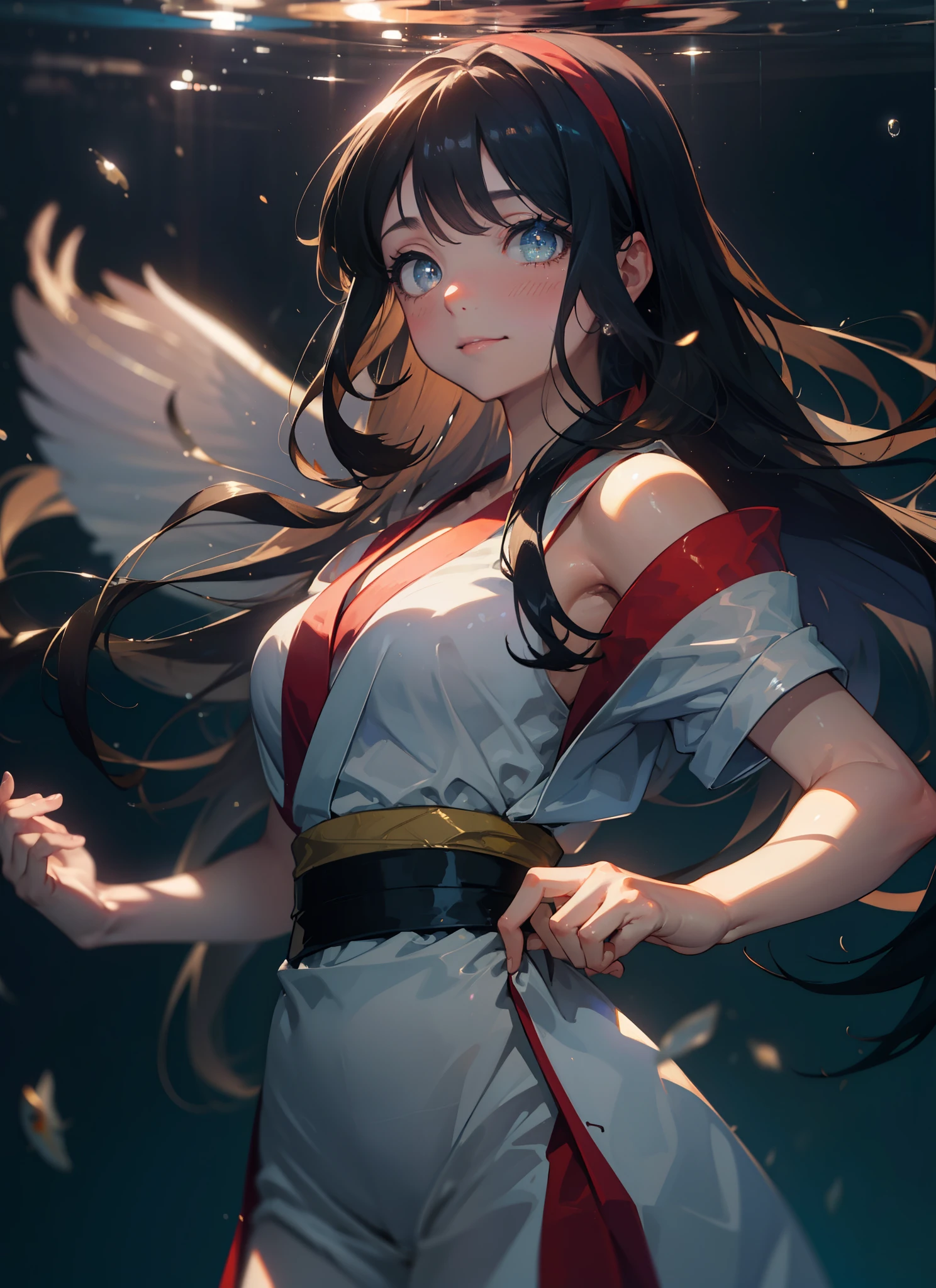 (masterpiece, highest quality, High resolution, unity 8k wallpaper, Very detailed CG:1), (figure:1.0), 1 girl,Nakoruru,Nakoruru samurai spirits, black hair,long hair,black eyes,ribbon, hair band, smile,blush,off shoulder sweater,naked neck,bare shoulders,bare clavicle,long skirt,Beautiful aquarium with fish swimming in a huge glass tank, A fantastic aquarium with sparkling lights,Dynamic and beautiful shadows, A breathtakingly beautiful sight,Beautiful looking at the fish in front of the aquarium,back view of girl,(masterpiece:1.2), highest quality, High resolution, unity 8k wallpaper, (shape:0.8), (beautiful and detailed eyes:1.6), highly detailed face, perfect lighting, Very detailed CG, (perfect hands, perfect anatomy),