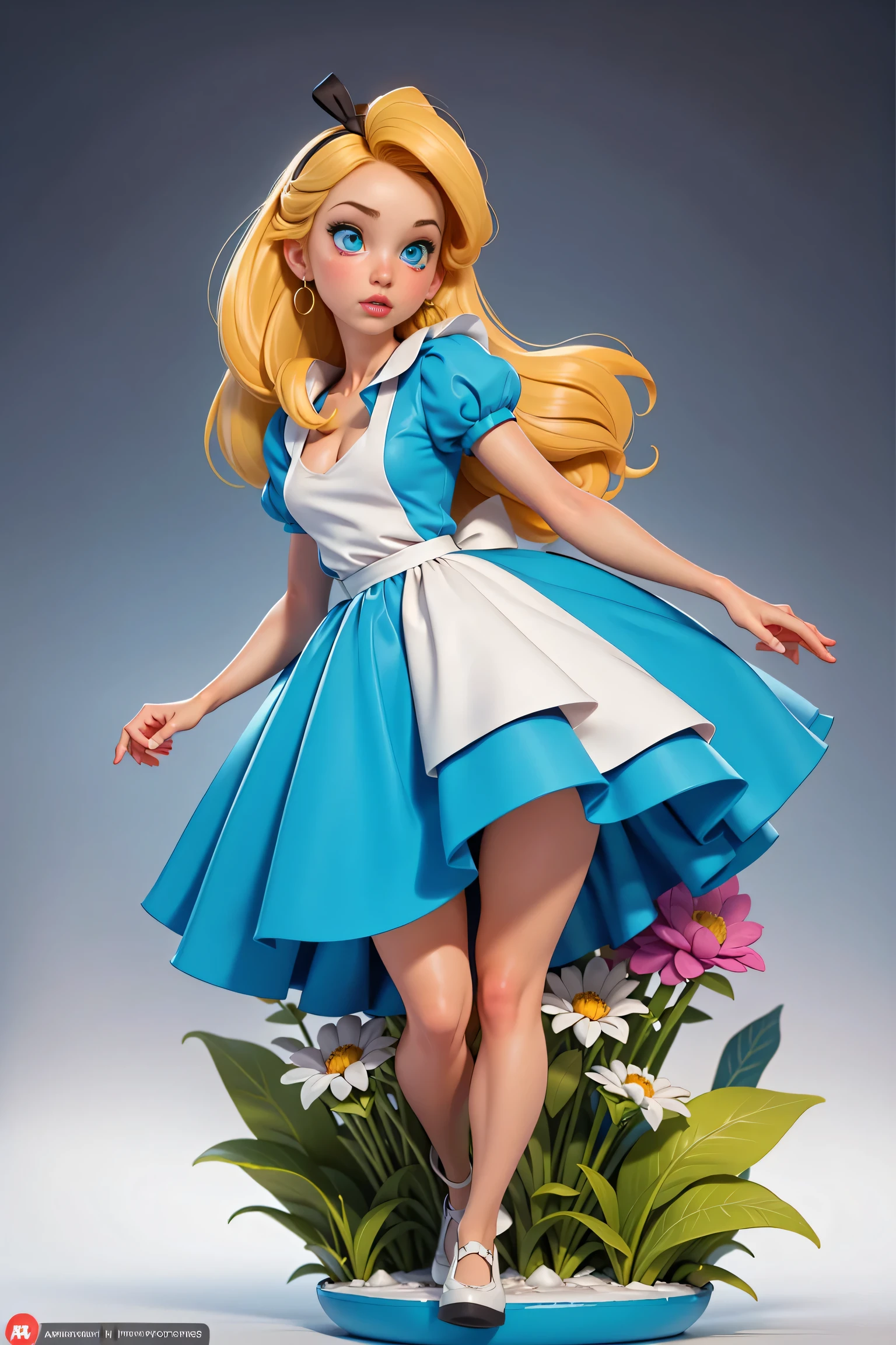 masterpiece, 1girl, solo, make her a sexy Alice in Wonderland with blonde hair, powder blue dress with white apron, white stockings, cleavage, dynamic, ultra high def, 32k, (perfect anatomy:1.5), perfect legs, in the style of Artgerm and Adam Hughes, perfect arms, downblouse