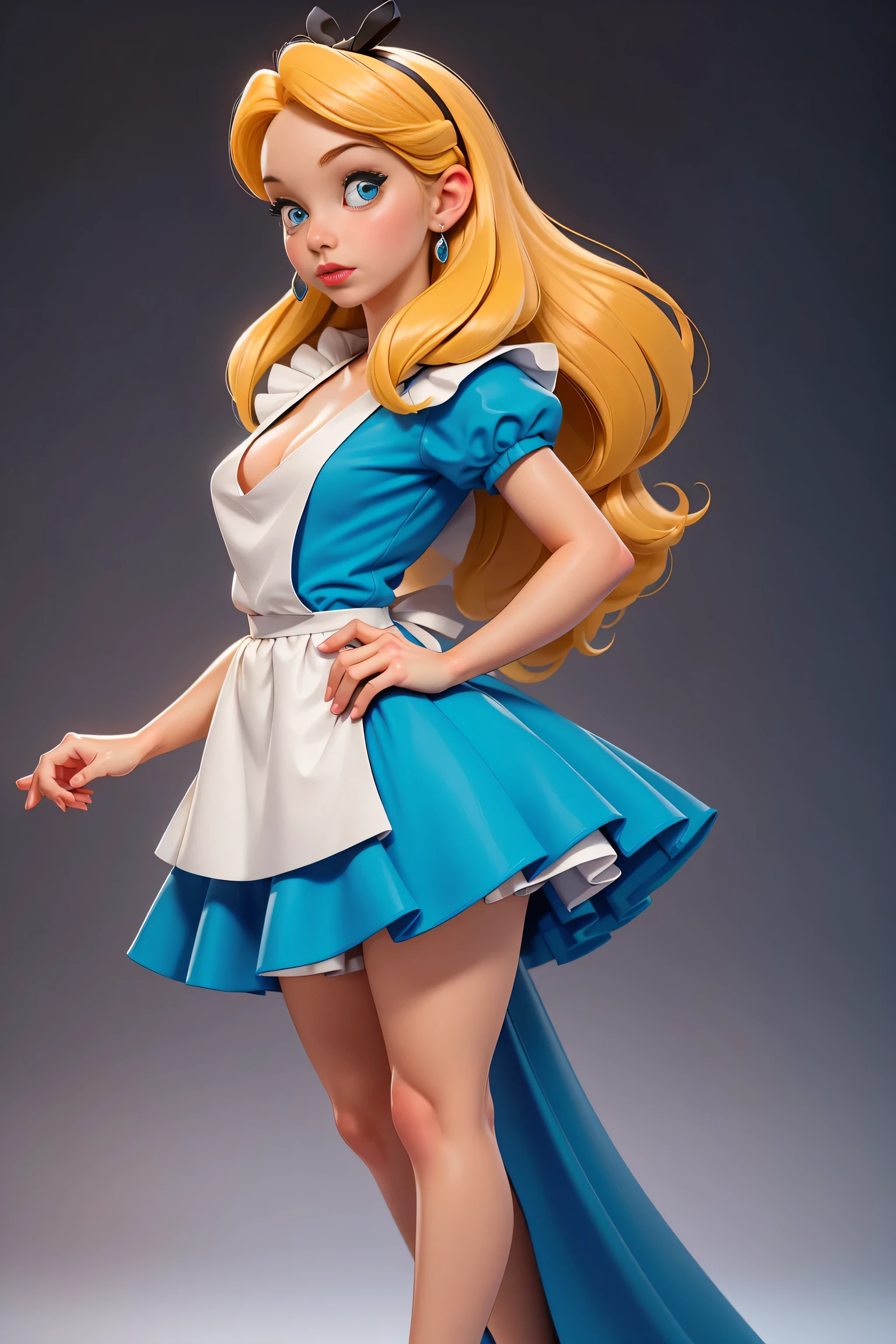 masterpiece, 1girl, solo, make her a sexy Alice in Wonderland with blonde hair, powder blue dress with white apron, white stockings, cleavage, dynamic, ultra high def, 32k, (perfect anatomy:1.5), perfect legs, in the style of Artgerm and Adam Hughes, perfect arms, downblouse