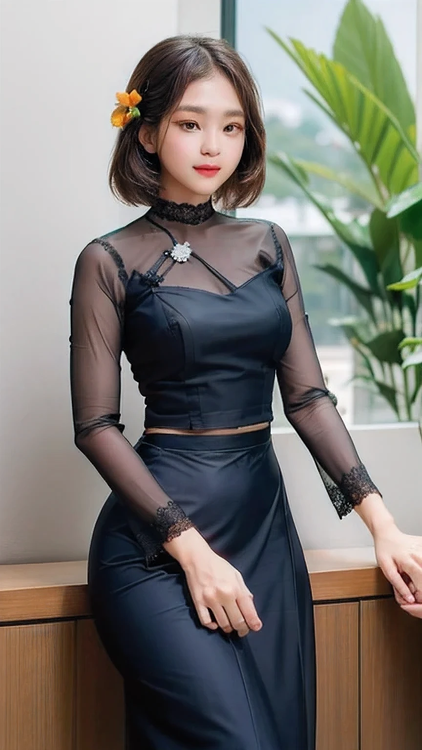 top quality, masterpiece, ultra high resolution, photorealistic, 1 girl, soft lighting, detailed, skin, bangs, short bob black hair, clear eyes, lip gloss, Burmese girl. full HD, (acmm ls outfit, wearing acmm top, orange acmm top, long sleeves, wearing acmm long skirt, dark blue acmm long skirt, printed skirt), green plant and flowers background.