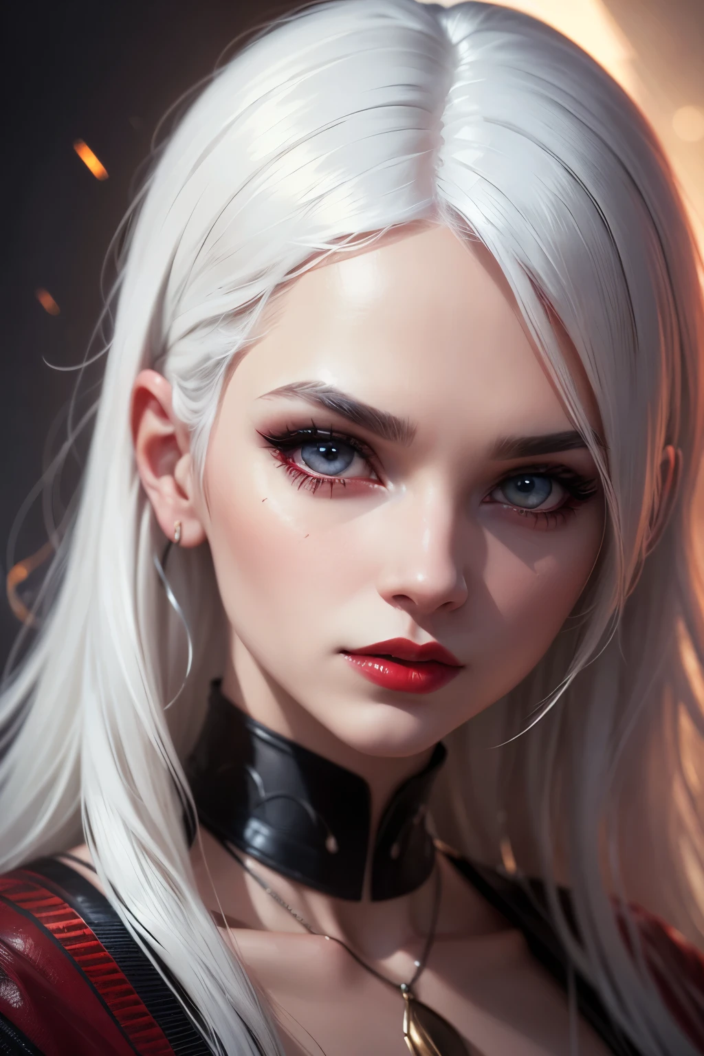 Bust portrait of anime beauty vampire girl (short Bob realistic white hair), perfect face, realistic skin ((((high detailed skin)))), black lips, in realistic, hyper detailed white elegant dress, ((beauty realistic eyes))