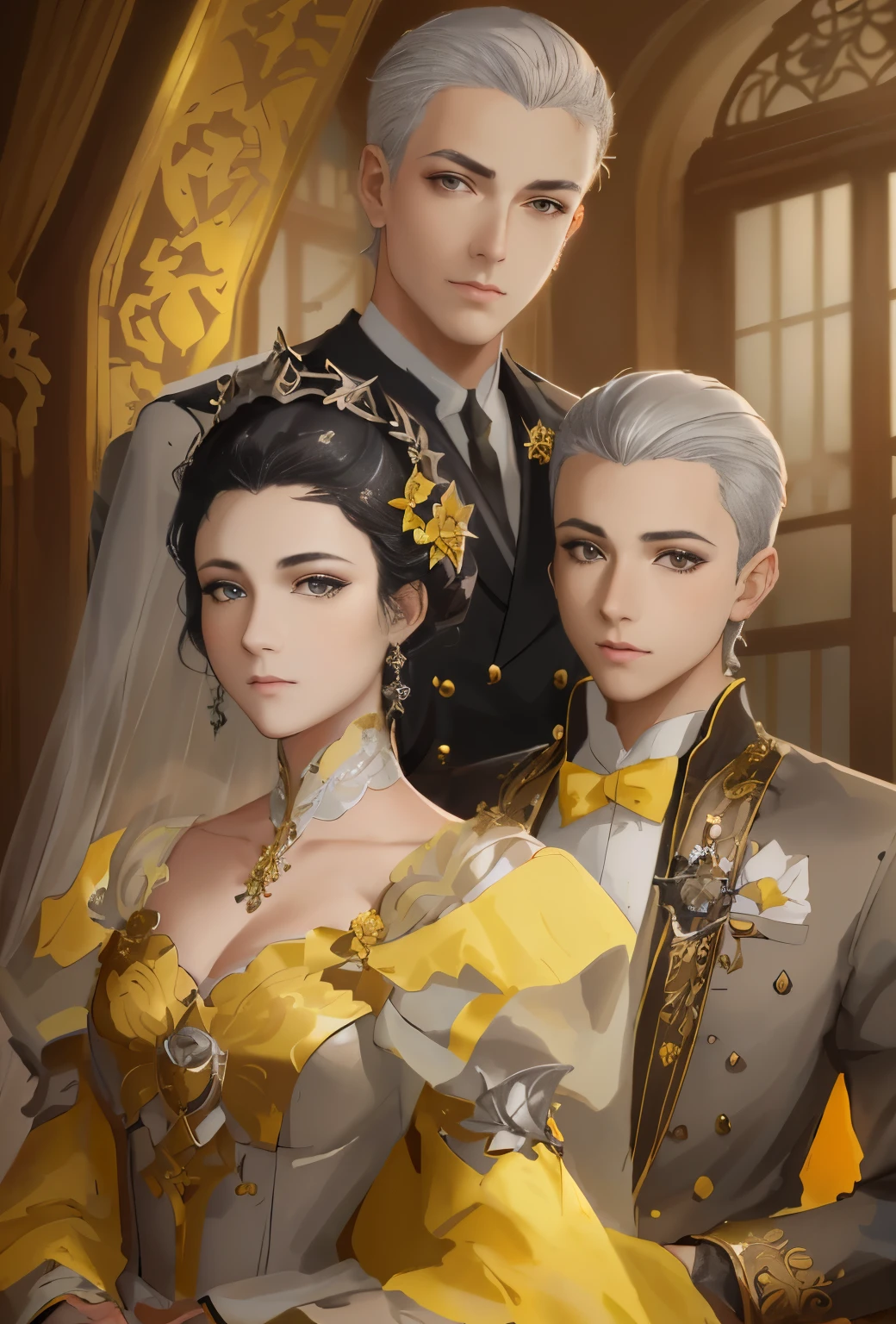 close-up of a couple of people in a dress, work in Guweiz style, The Three Futuristic Princes, Imperial Royal Elegant Clothing, very detailed exquisite fanart, beautiful androgynous prince, beautiful drawing of the characters, Royal portrait, Royal portrait painting, Imperial Portrait, gentle androgynous prince, bowwater style, elegant digital painting