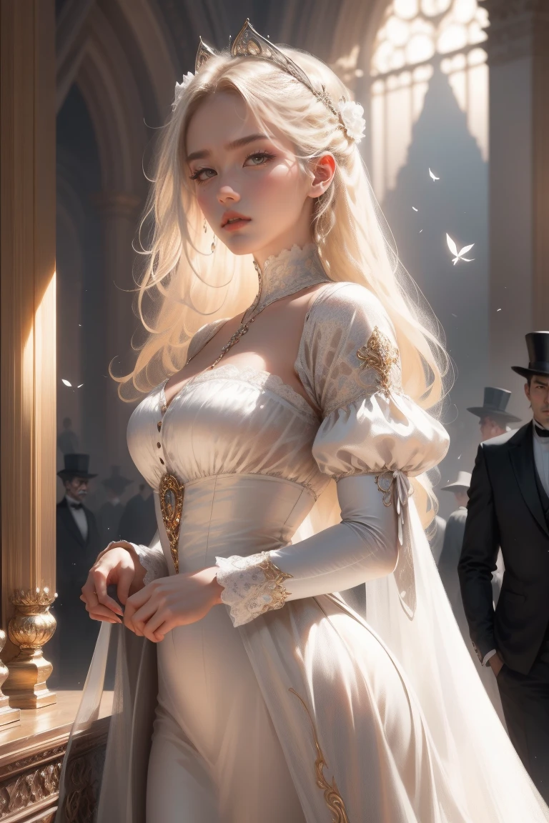{ - anatomy error}(Masterpiece - Ultra-detailed, very high resolution) Prepare to be enchanted by a true masterpiece that combines ultra-detailed art with high-resolution rendering. This work depicts a mesmerizing woman with very long blond hair (1.3) and captivating gray eyes (1.2), emanating an aura of elegance and mystery in Victorian settings. The intricate details and realistic textures invite you to explore every aspect of this enchanting composition. Woman wearing beautiful classic Victorian costume from the year 1878. Red lips. Happy face. Smiling. white (white) dress. Walking, backwads, looking back, dynamic poses. Get ready to dive into a world where beauty and craftsmanship merge perfectly.