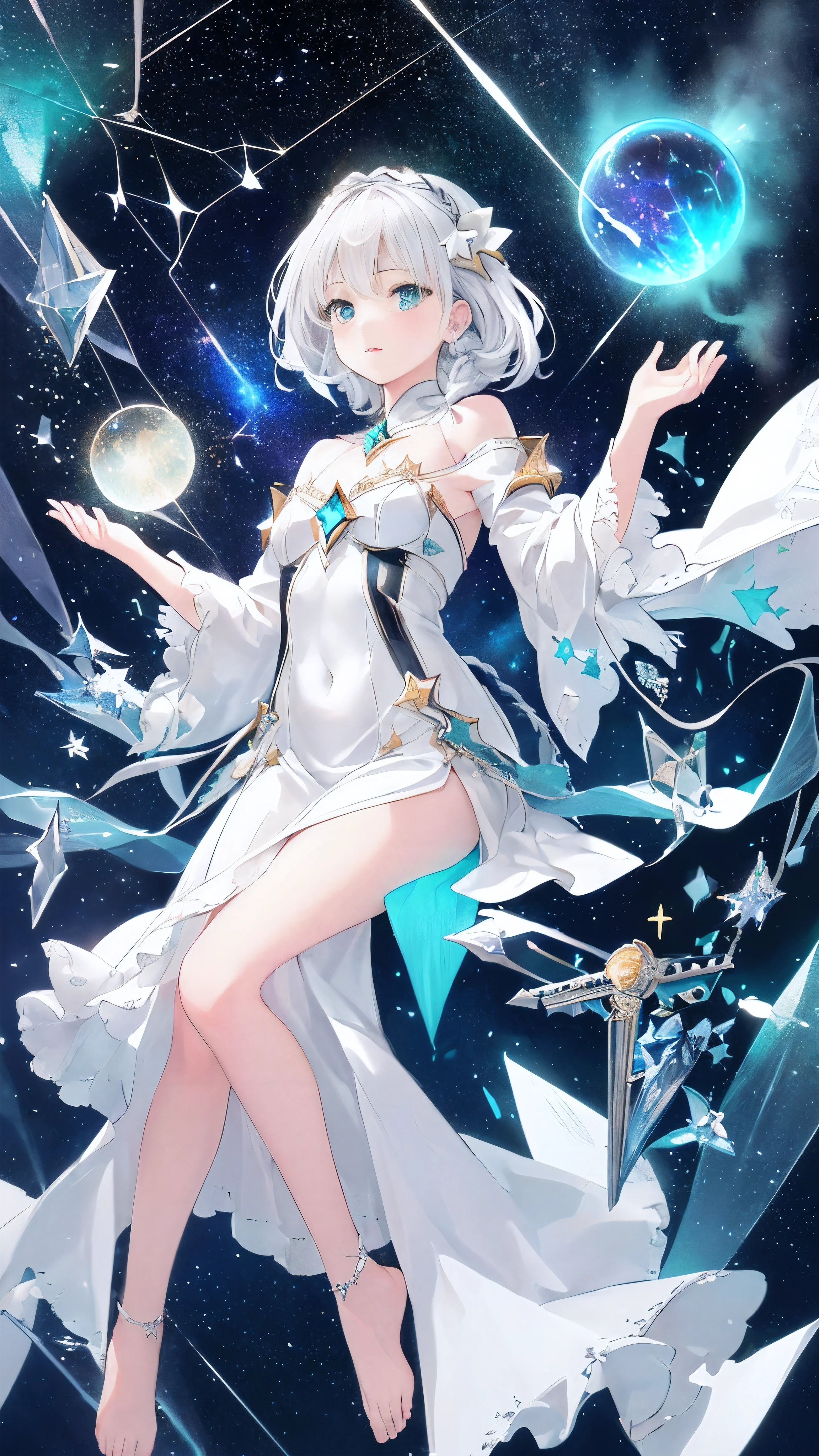 (((green, Silver, shimmer)), limited color palette, contrast, Phenomenal aesthetics, best quality, Gorgeous artwork,
(masterpiece), (best quality), (super detailed),(((illustration))), ((extremely delicate and beautiful)),(Detail lights),1 girl,Cold theme, broken glass, broken wall,((an array of Stars)),((Starry sky)),Milky Way,Star,Reflecting the Starry water surface,(1 girl:1.3)aqua theme,white hair,blink,white dress,Keep your mouth shut,constellation,flat color,nolan art,Full glass ball,girl inside glass ball,white hair,braid,blink,white robe,broken into pieces \(sculpture\),barefoot,float,Keep your mouth shut,constellation,flat color,Keep,Keep wand,look up,Permanent installation,male focus,medium hair,Permanent installation,alone,space,universe,utate(singer),nebula,many Stars,