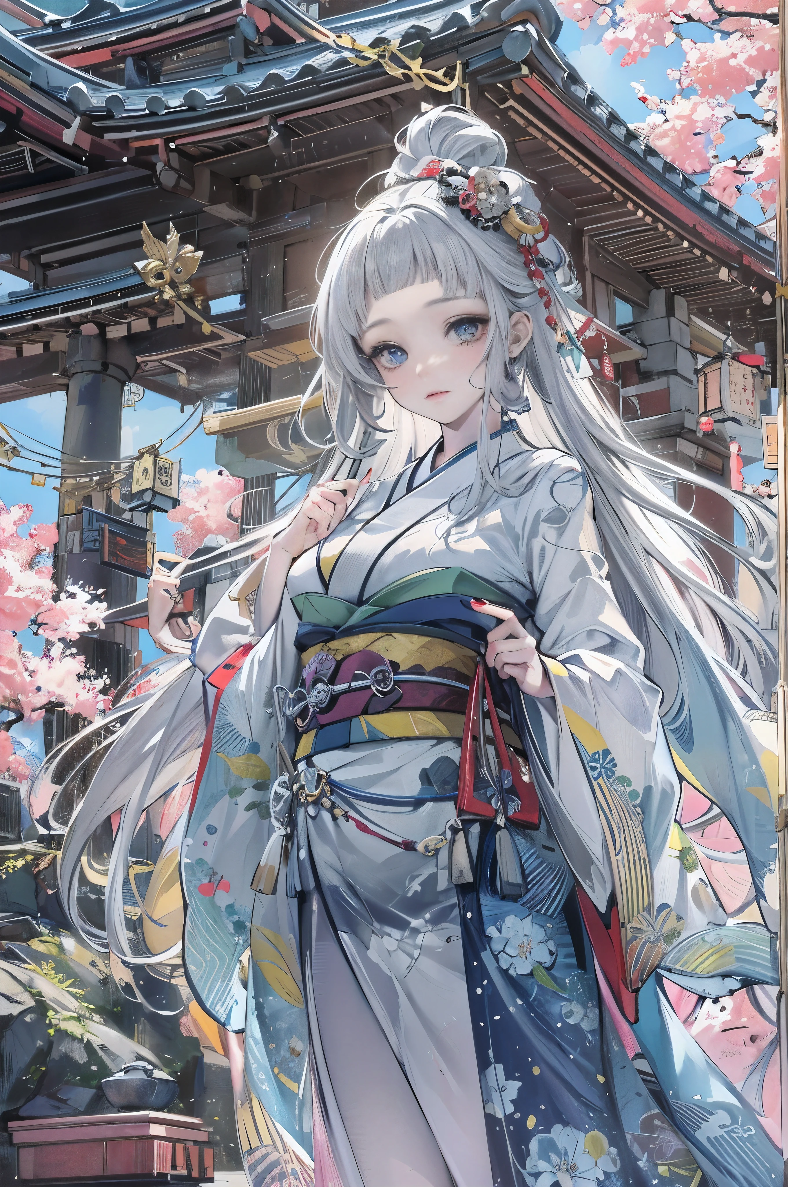 monthly fandom, Tsukiyomi Zun, incarnation of the moon, Japan&#39;supreme god, Ancient Japanese Gods and the Deification of the Moon. Japan祖先, Japan Shinto Kyojin, elder sister of Amaterasu, The background is Tsukiyo Shrine in Japan, (( and lovely breasts)), elder sister, Extremely expressive, majesty, daunting, (Bloodthirsty), blue eyes, Japanese makeup, Kneeling on the ground, Create a cold atmosphere, Moonlight covers the earth, White skin, Long silver hair, moon standard on forehead, elder sister, (blue and white sky feathers, wide sleeves), clogs, white socks, perfect legs, Simple belt, ( Large collection of luxury silver jewelry), (perfect meat texture，Full of texture), cold rendering effect, jaw-dropping, Mesmerizing visual enjoyment, ((best quality), ((masterpiece)), maximum clarity, 8k wallpaper, official art, Multi-layer textures , super detailed, illustration, (super detailed face), (perfect face), clear texture, fine texture, Ultra high definition detail display, Excellent graphics performance, high-quality illustration, Perfectly matched shades, Deep lines, precise strokes, Strong three-dimensional sense，Looks exquisite to wear, wonderful color combination, and intricate details
