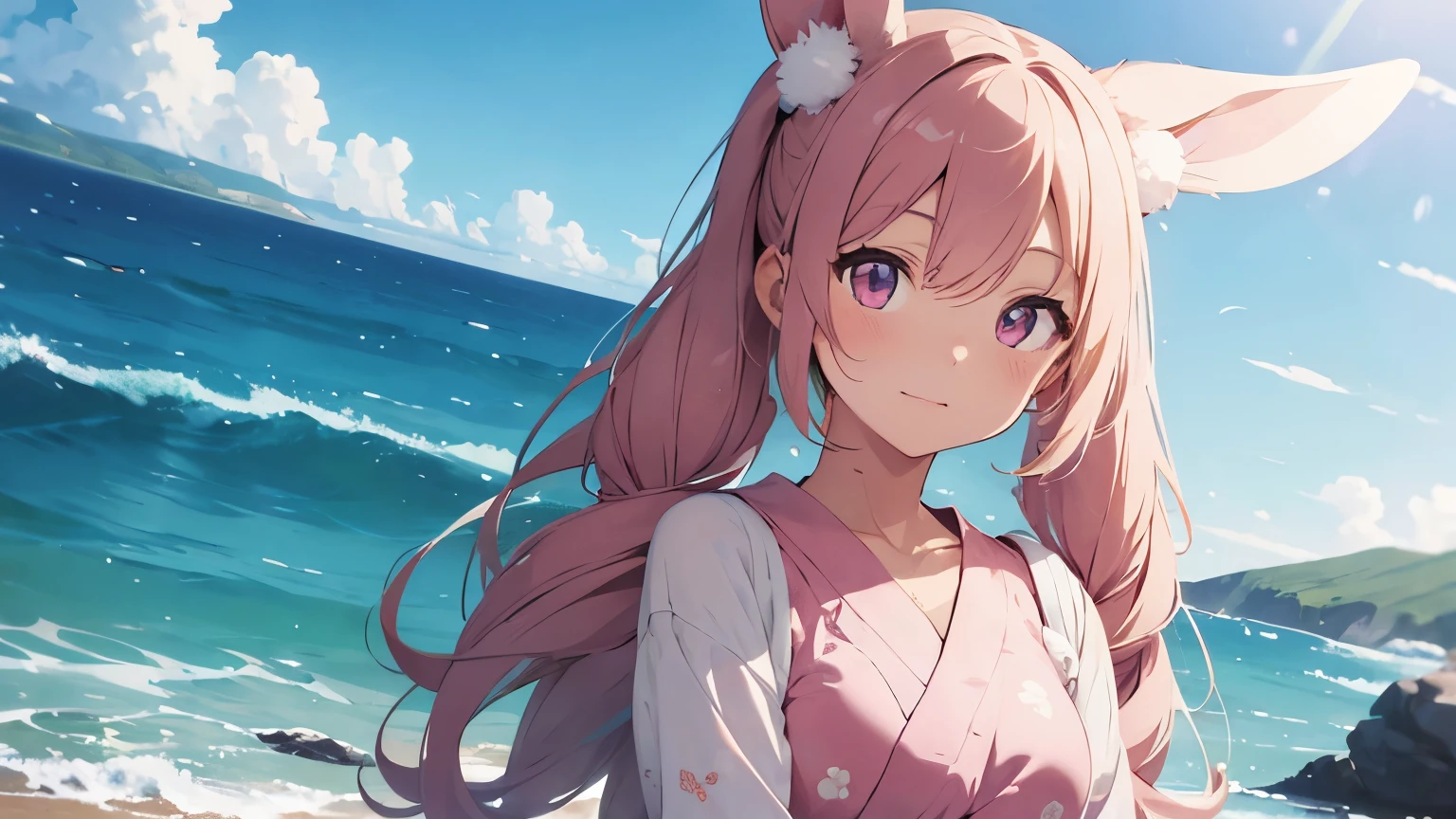 Dark pink hair　Semi-long twin tails　White cat ears　lovely　Green Eyes　smile　Bangs　Straight Hair　Seaside background　Lolita　Completely naked