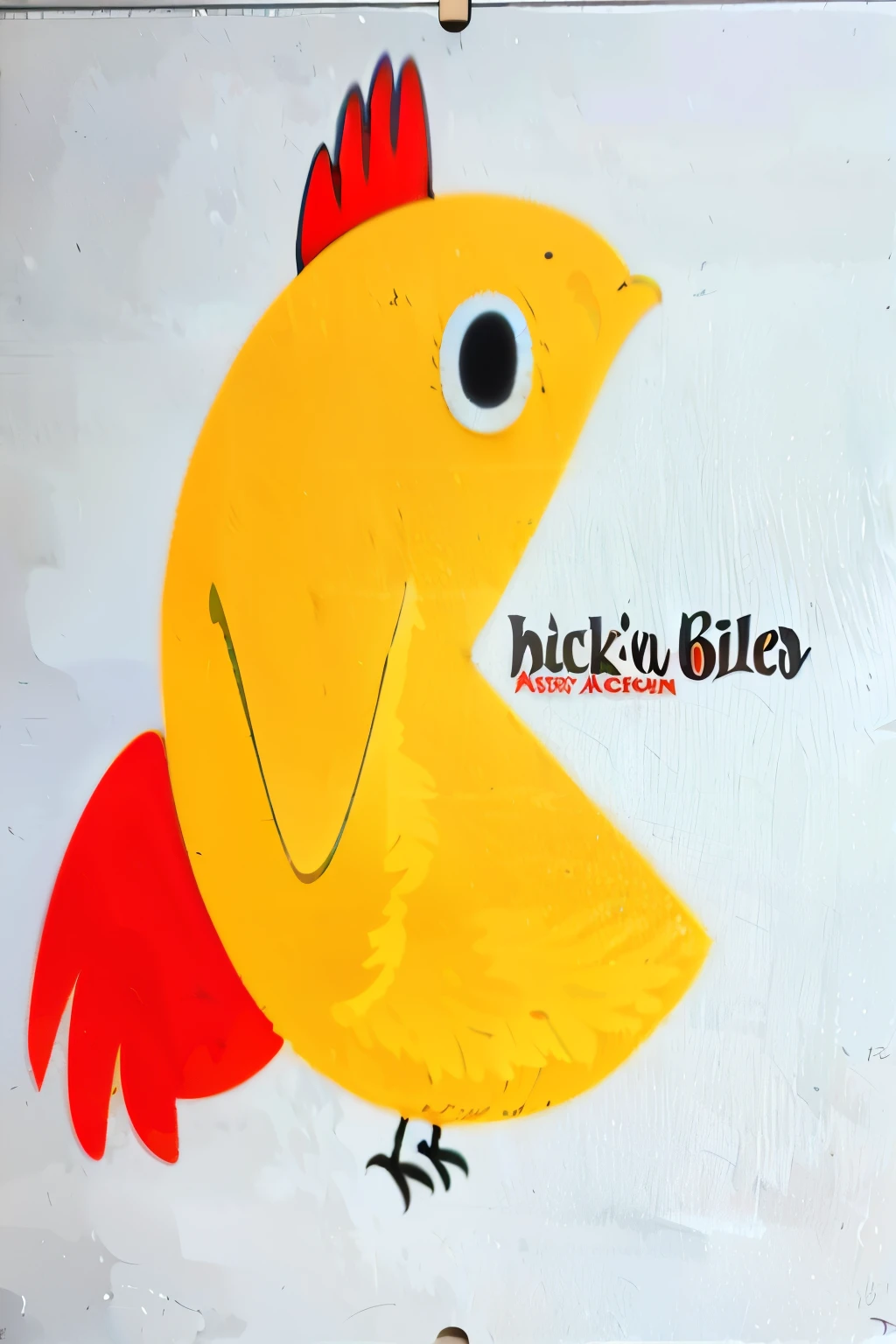 there is a yellow bird with a red beak and a red tail, anthropomorphized chicken, chicken, promo art, cocky smirk, an album cover, freckles on chicks, mmmmm, promotional artwork, album cover, official artwork, album cover!, illustration of a rooster, hylics artwork, promo shot, man dressed as a chicken, cocky