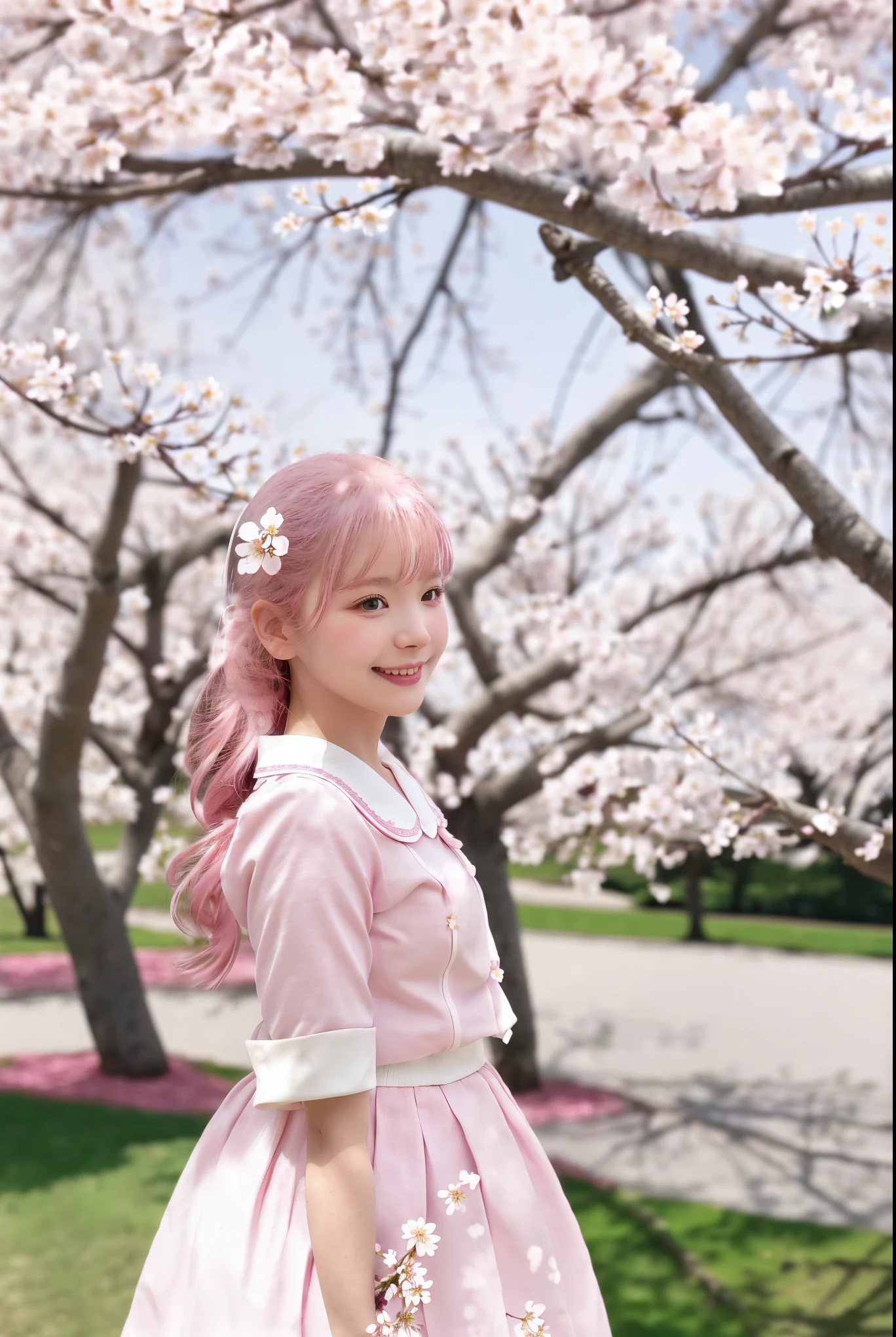 A dreamy scene filled with pink cherry blossoms, where a young girl stands beneath the blooming trees, her face radiant with the joy of spring's beauty. The girl is dressed in a pink outfit that blends harmoniously with the surrounding blossoms. The image should convey a gentle and ethereal atmosphere, capturing the essence of youthful dreams and the magic of cherry blossom season.