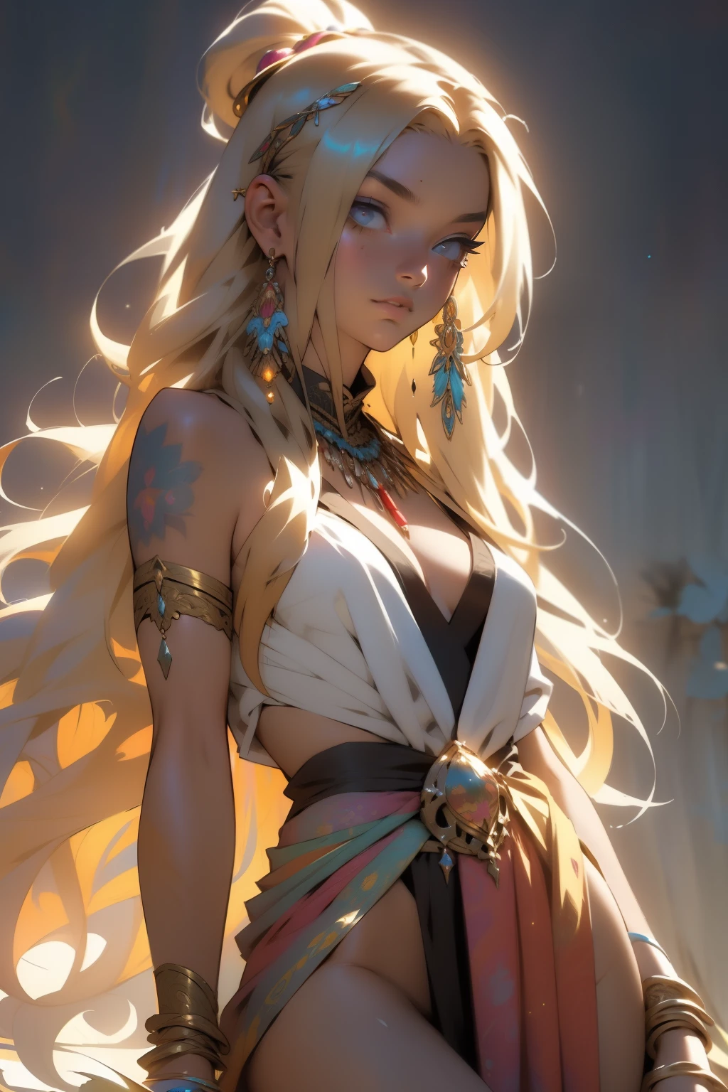 (An extraordinarily intricate masterpiece of) a hippie girl, created by the visionary hand of Frank Frazetta, (with flowing) golden-brown locks reaching down to her waist, (clad in vibrant) tie-dyed clothing, (adorned with multi-colored) beads, flowers, and bracelets, (barefoot), (emitting cinematic lighting) as the sun sets behind her, (her serene face expressing a sense of peace and freedom), (trending on ArtStation with thousands of admirers), (highly detailed) every thread in her clothing, every bead on her necklaces, every strand of hair, (an