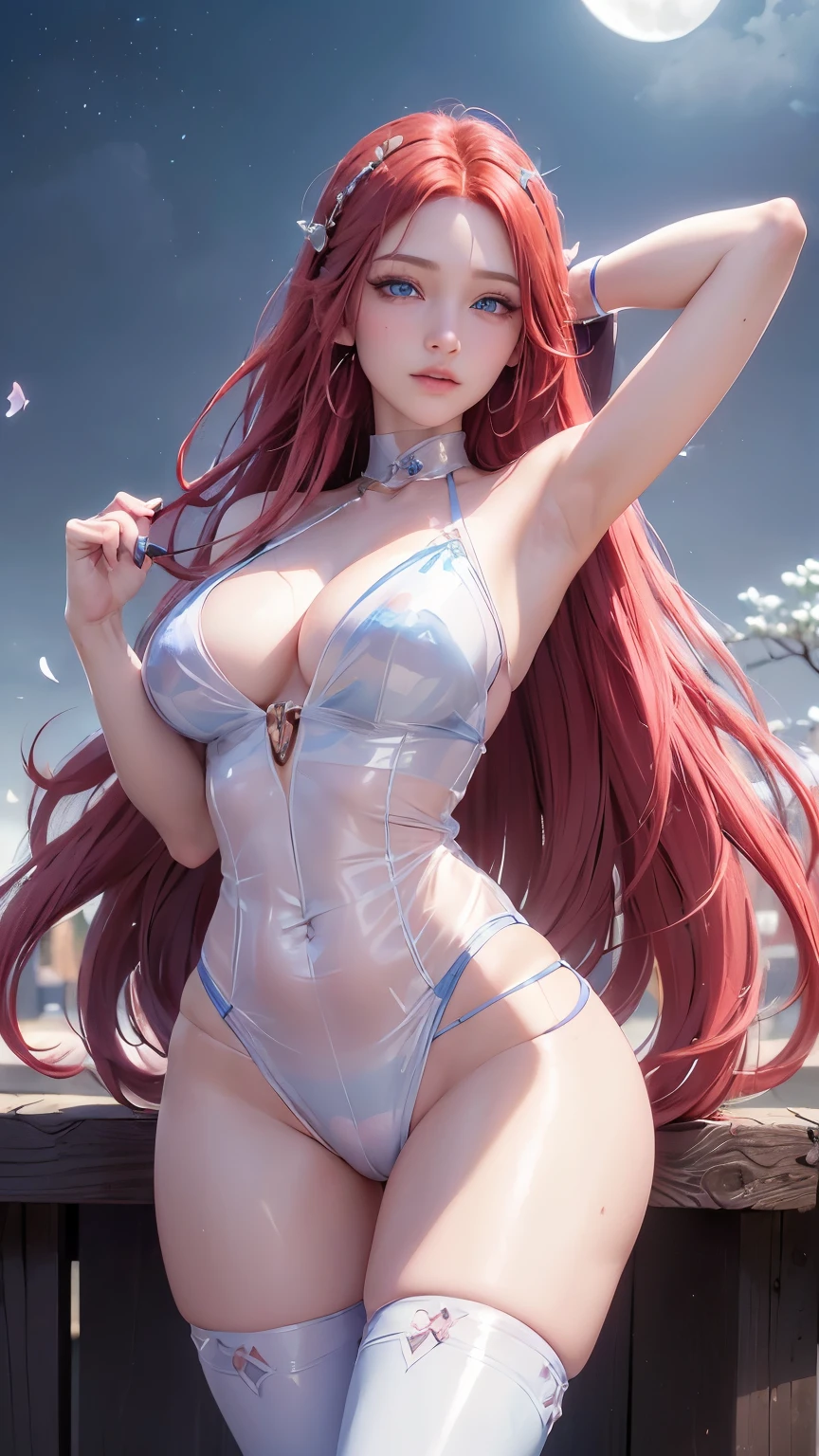 (logo, masterpiece, 8k, table top, RAW photo, wonderful, 最high quality, Photorealistic and hvery detailed CG integrated 8k wallpaper, high quality, very detailed, Narrative poem, particle effects, dynamic effects, written boundary depth, cinematic light, Lens flare, ray tracing, cloud,colorful)), fantasy, ((1 beautiful woman, clear blue eyes, red long hair, beautiful face, real face, beautiful detailed eyes, beautiful skin, woman dancing gracefully:1.7, woman dancing gracefully:1.7)), 長い髪がWindでなびく, long hair bounces, 長い髪がWindで踊る, hair jump, halter neck, leather pants, leather jacket, body suit, silver earrings, ((night, Wind, darkness, moon light, full moon, night空, Wind, cherry blossoms, cherry blossomsの花びらが舞っている, cherry blossoms吹雪, falling petals, flying petals))
