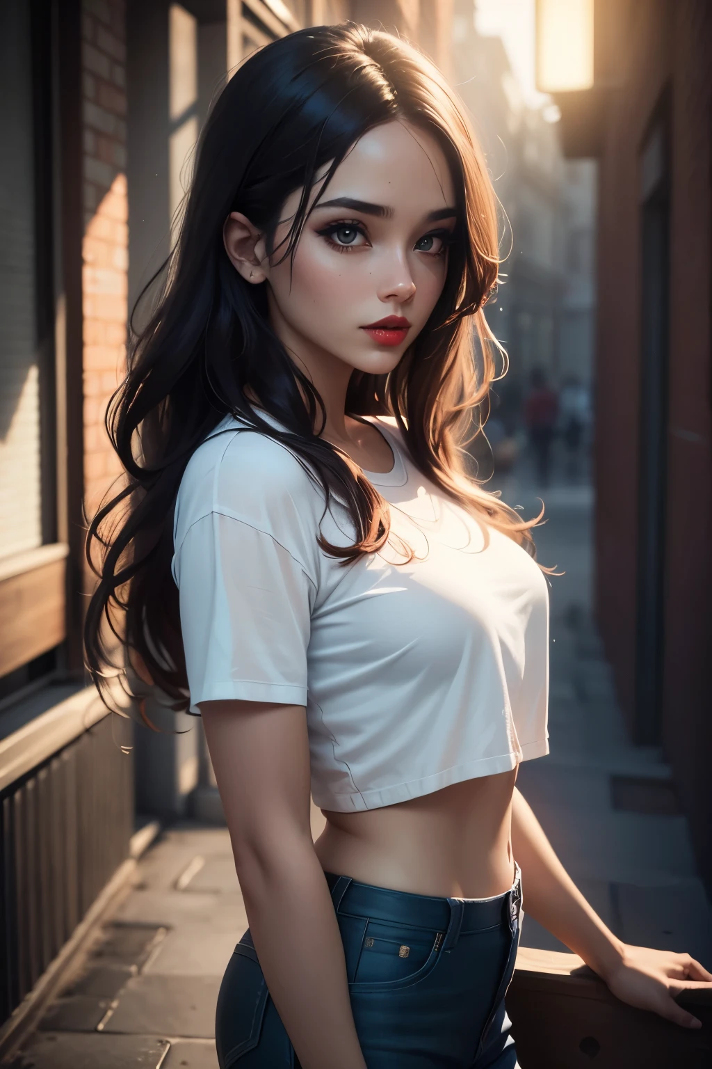 (((HD photo))), ultra high res.photorealistic:. 1.4, UHD, masterpiece, trending on artstation, closeup, frontal shot, portrait pretty, cute girl, most beautiful in the world, soft, delicate, long dark hair, large breasts, wearing turtleneck, sunkissed, minimal night background