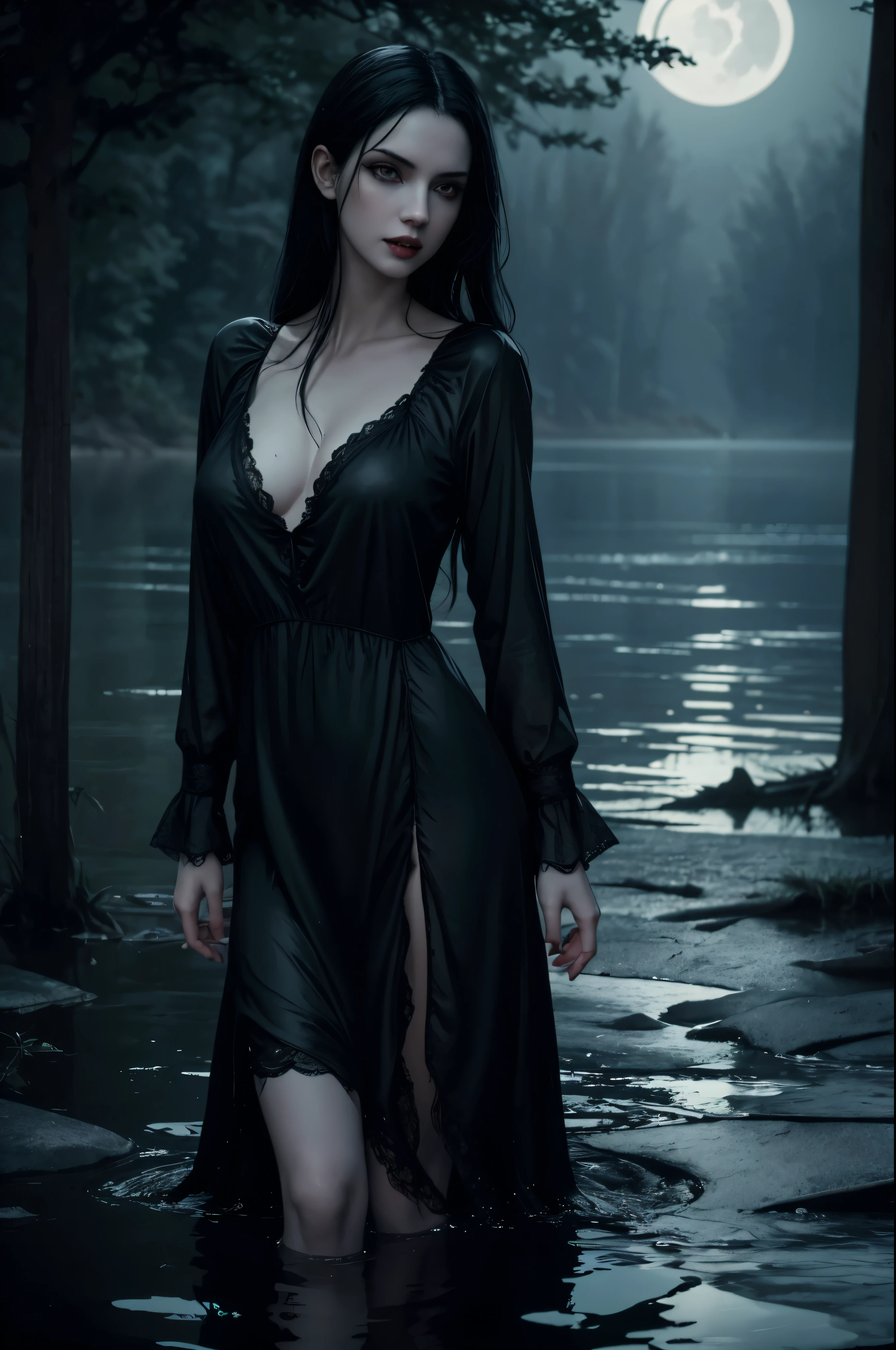 ((Night)) ((a deserted lake)) Vampire woman, (full body), black hair, pale skin, fangs bared, hungry, sexy nightgown, looking at viewer, rises out of the water, soaking wet. style of a painted book illustration, dramatic lighting, (depth of field), ((masterpiece)), ((best quality)), ((highly detailed))