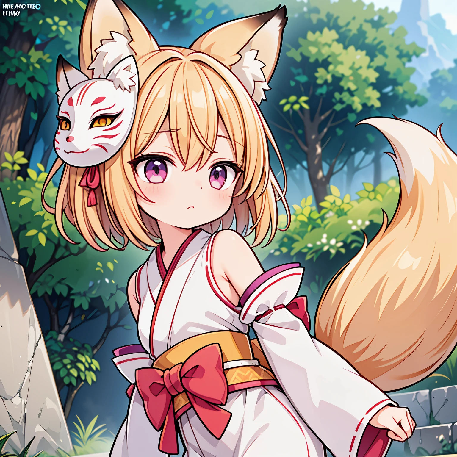 blonde hair, pink eyes, young, flat chest, hair ornament, animal ear fluff, fox ears, (only one fox tail:1.4), extra fluffy, short hair, blushing, amazed expression, (wear Kimono with detached sleeves with bow collar with kitsune mask on side of head), dense flowery jungle, (above angle camera:1.2), (detailed background, depth of field), (intricate:0.7), (high detail:1.3), (unreal engine:1.3), (sharp focus, masterpiece, best quality, 4k, 2k, shaded, absurd res), [Questionable content]