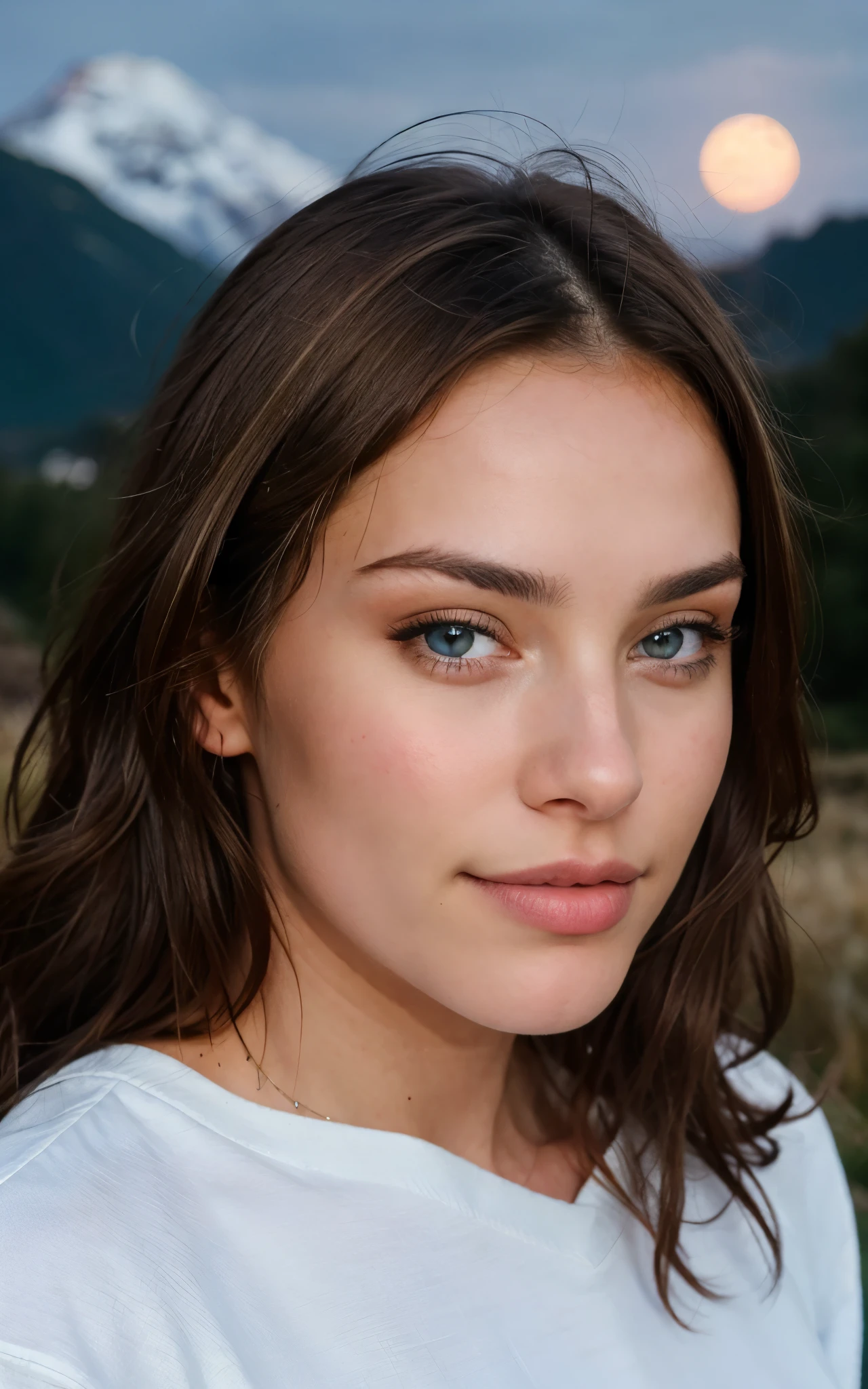 Selfie shot Beautiful brunette with blonde highlights wearing a selfie photo, upper body, solo, wearing pullover, outdoors, (night), mountains, real life nature, stars, moon, highly detailed, 22 years old, , , innocent face, natural wavy hair, blue eyes, high resolution, Masterpiece, Best quality, Intricate high detail, Highly detailed, Sharp focus, Detailed skin, realistic skin texture, texture, detailed eyes, professional, 4k, charming smile, shot on Canon, 85mm, shallow depth of field, Kodak Vision Color, Perfect Fit Body , extremely detailed, photography_\(ultra\), Photorealistic, Realistic, Post-processing, maximum details, roughness, real life, ultra realistic, Photorealism, photography, 8k UHD, photography, busty