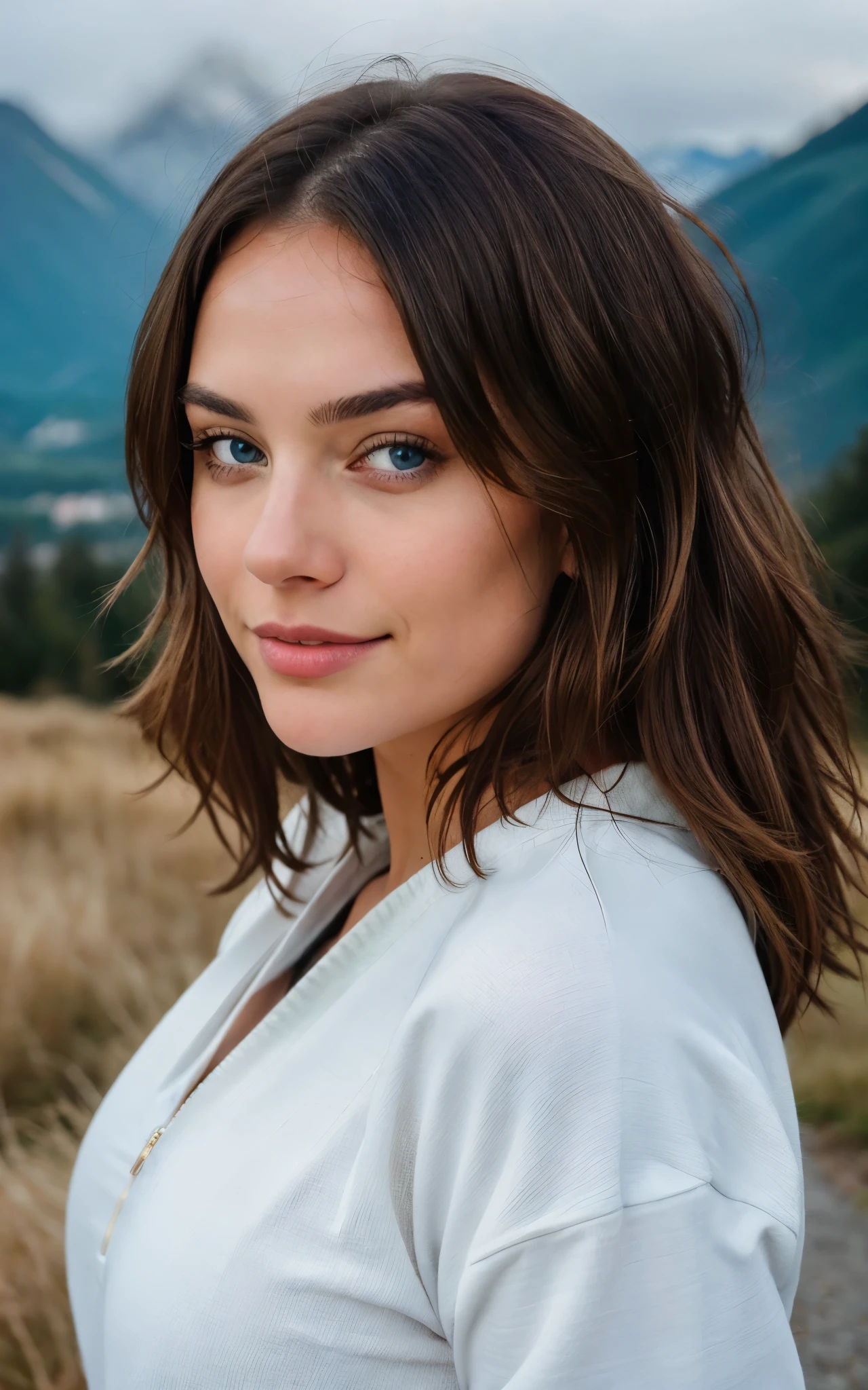 Selfie shot Beautiful brunette with blonde highlights wearing a selfie photo, upper body, solo, wearing pullover, outdoors, (night), mountains, real life nature, stars, moon, highly detailed, 22 years old, , , innocent face, natural wavy hair, blue eyes, high resolution, Masterpiece, Best quality, Intricate high detail, Highly detailed, Sharp focus, Detailed skin, realistic skin texture, texture, detailed eyes, professional, 4k, charming smile, shot on Canon, 85mm, shallow depth of field, Kodak Vision Color, Perfect Fit Body , extremely detailed, photography_\(ultra\), Photorealistic, Realistic, Post-processing, maximum details, roughness, real life, ultra realistic, Photorealism, photography, 8k UHD, photography, busty