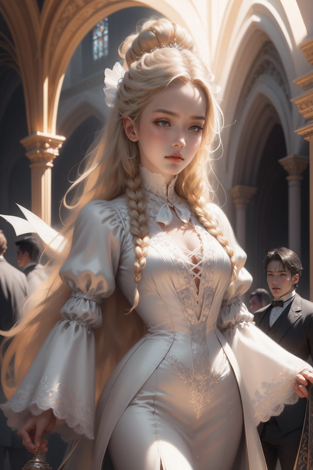 { -  error}(Masterpiece - Ultra-detailed, very high resolution) Prepare to be enchanted by a true masterpiece that combines ultra-detailed art with high-resolution rendering. This work depicts a mesmerizing woman with very long blond hair (1.3) and captivating gray eyes (1.2), emanating an aura of elegance and mystery in Victorian settings. The intricate details and realistic textures invite you to explore every aspect of this enchanting composition. Woman wearing beautiful classic Victorian costume from the year 1878. Red lips. Happy face. Smiling. white (white) dress. Walking, backwads, looking back, dynamic poses. Get ready to dive into a world where beauty and craftsmanship merge perfectly.