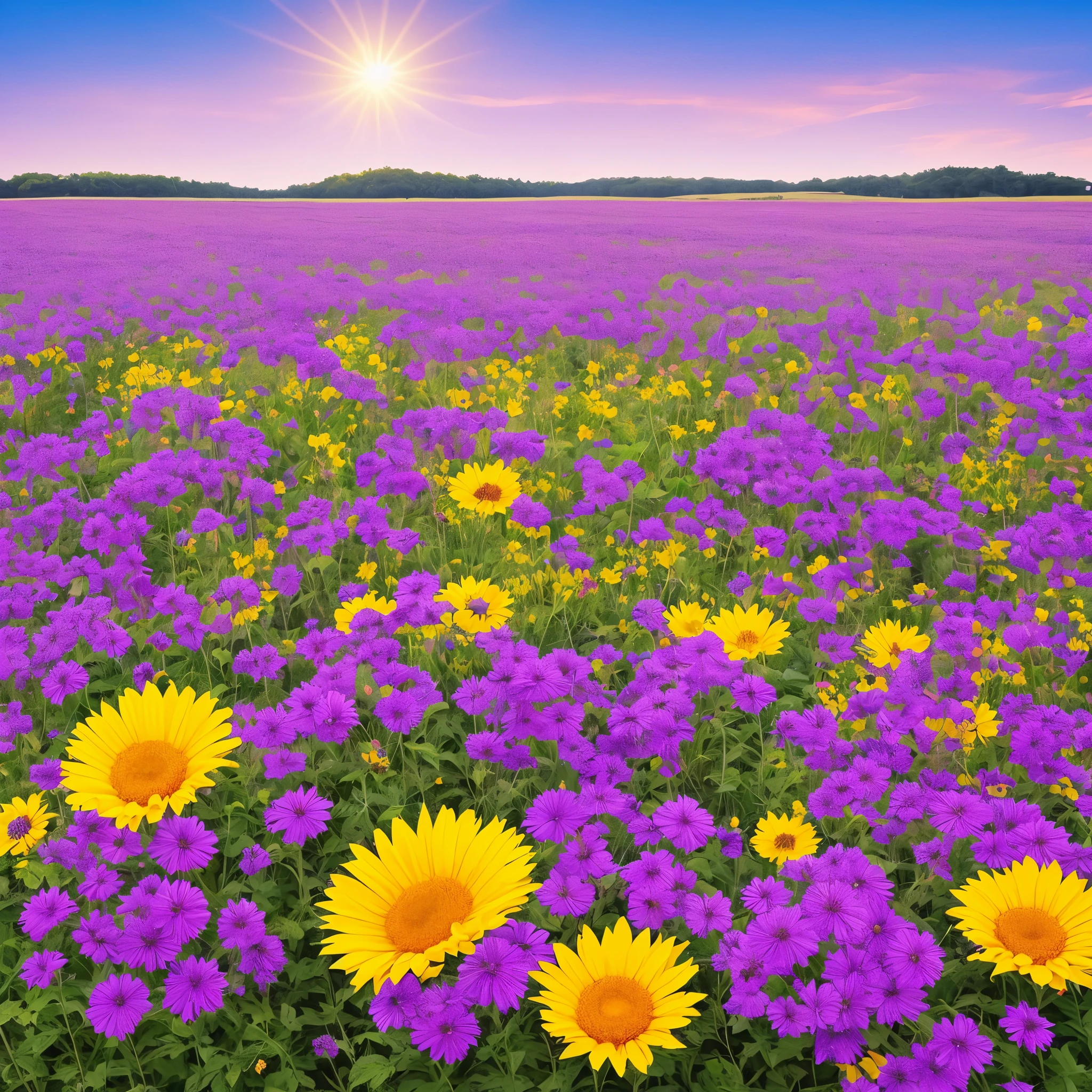 purple flowers in a field with a yellow sun in the background, a gouache by Kishi Ganku, Artstation, conceptual art, jen bartel, brittney lee, kilian eng vibrant colours, kilian eng vibrant colors, plants growing on it. gouache, luminescent plants, ilya kuvshinov landscape, detailed beautiful plants, blue and purple plants