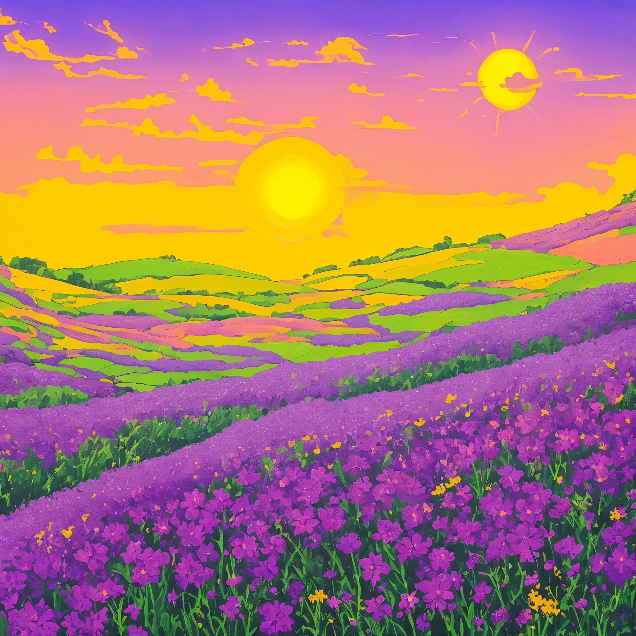 purple flowers in a field with a yellow sun in the background, a gouache by Kishi Ganku, Artstation, conceptual art, jen bartel, brittney lee, kilian eng vibrant colours, kilian eng vibrant colors, plants growing on it. gouache, luminescent plants, ilya kuvshinov landscape, detailed beautiful plants, blue and purple plants