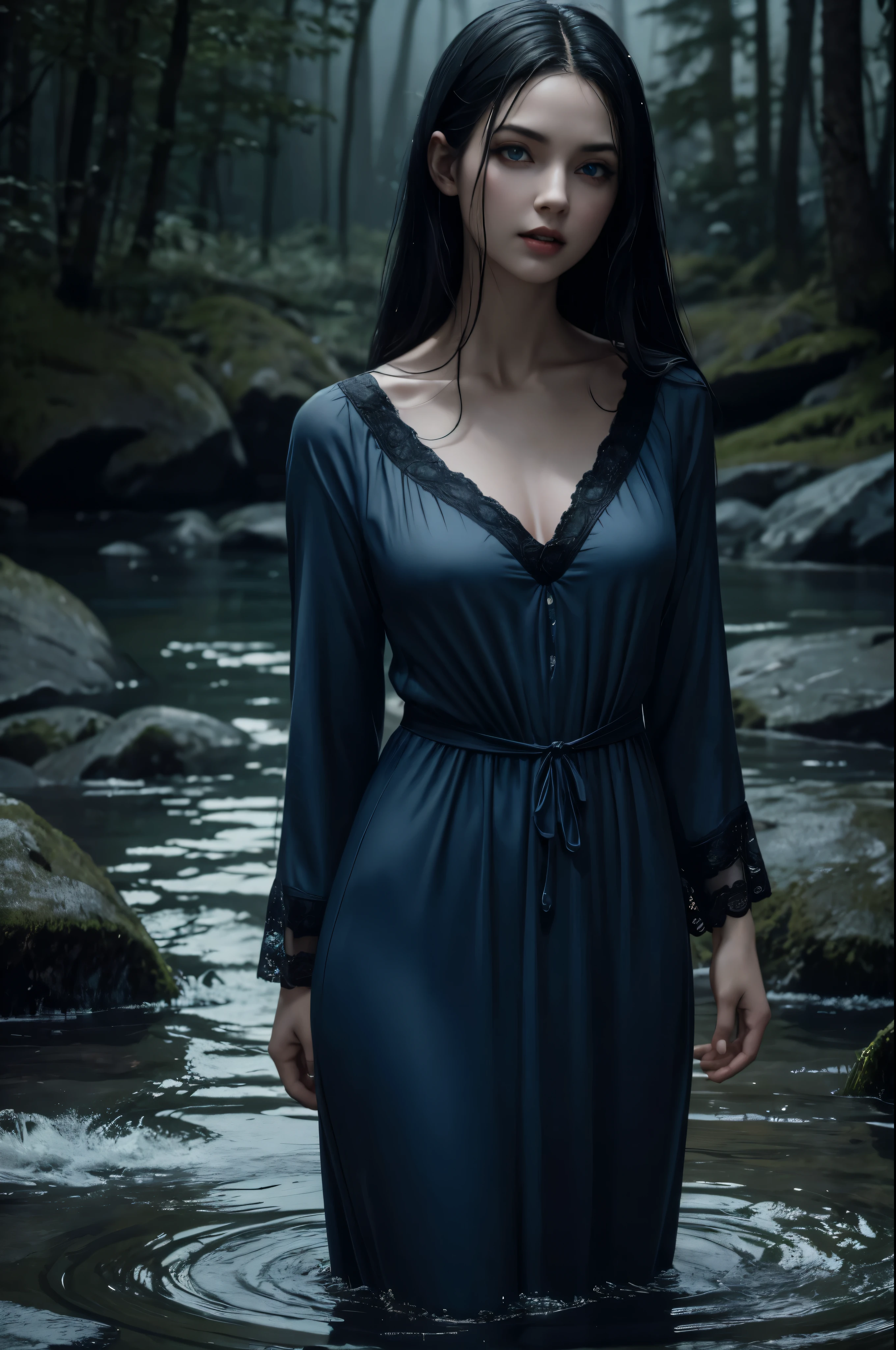 ((Night)) ((a deserted lake)) Vampire woman, (full body), black hair, pale skin, fangs bared, hungry, sexy pale blue nightgown, looking at viewer, sopping wet, rises out of the water, soaking wet. style of a painted book illustration, dramatic lighting, (depth of field), ((masterpiece)), ((best quality)), ((highly detailed))
